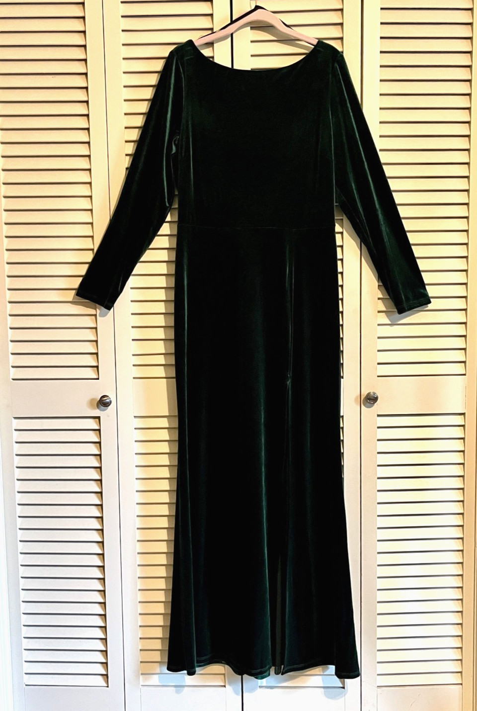 Rebecca B Velvet Long Sleeve Low Cowl Back Maxi Dress Gown * Sz 14 * Deep Green