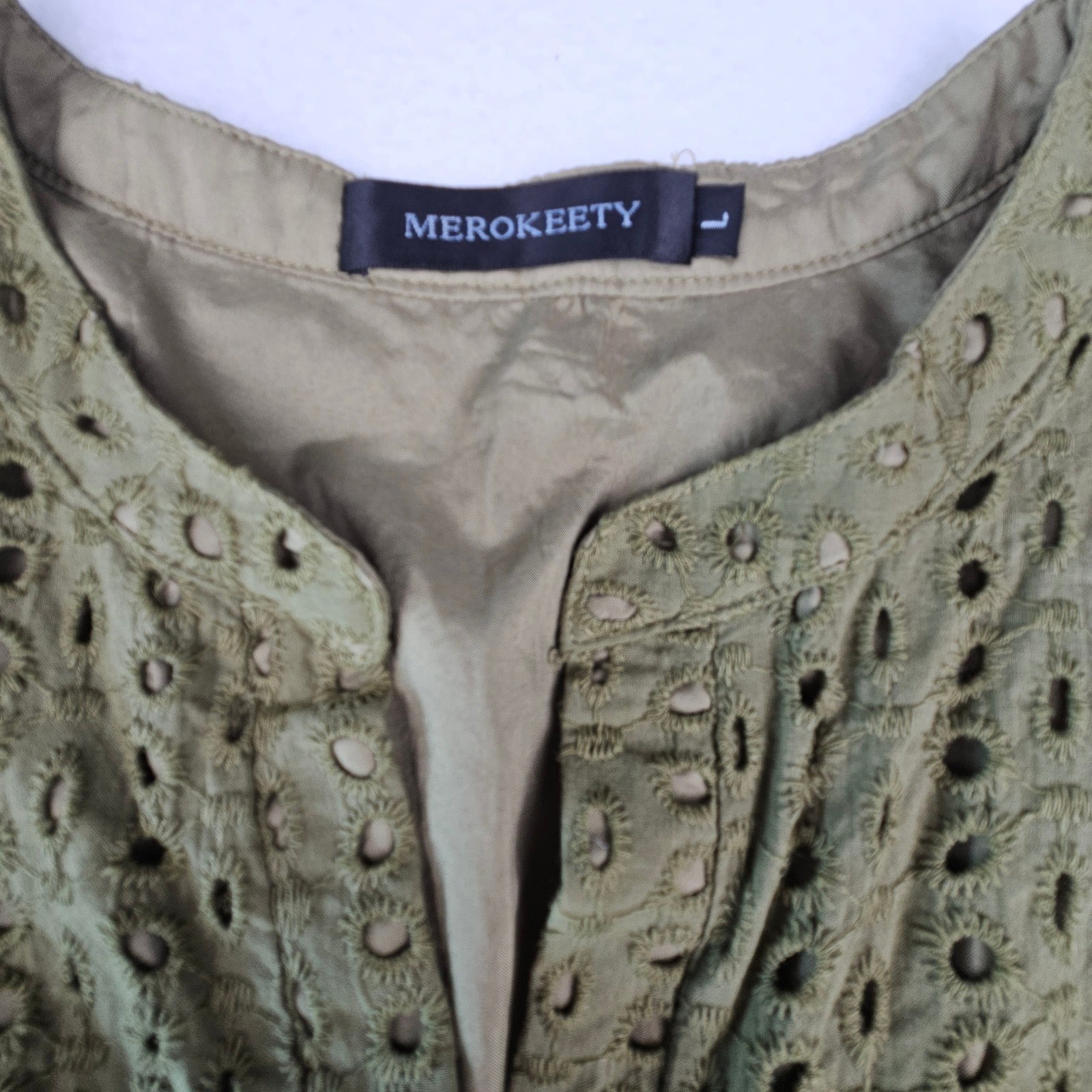 Merokeety Women Olive Green Eyelet Embroidered Split Neck Long Sleeve Blouse L