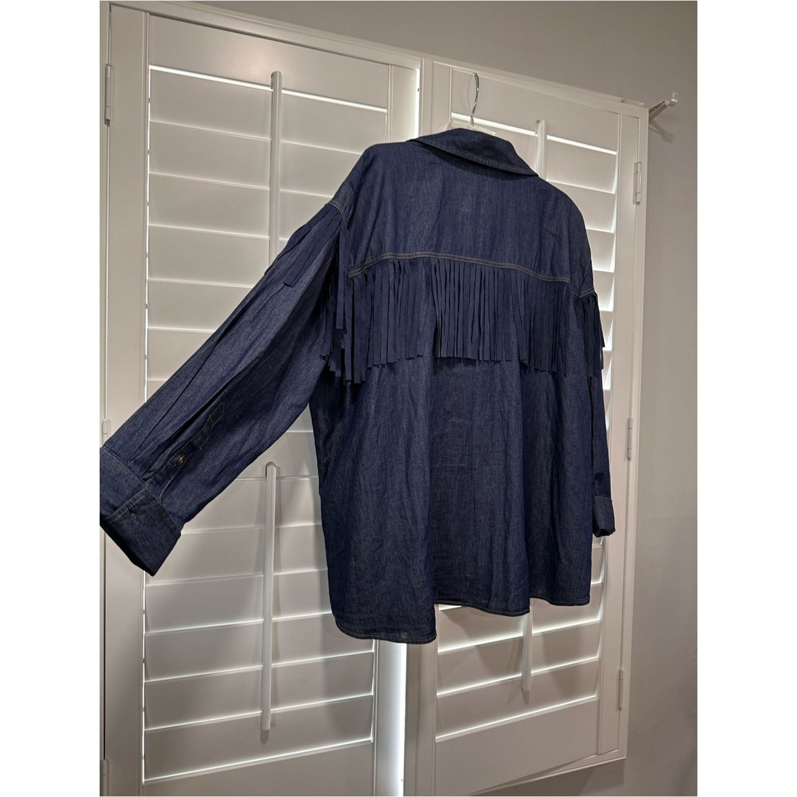Embroidered Denim Fringe Button Up Shirt Cotton Floral Bird Western Boho Ranch