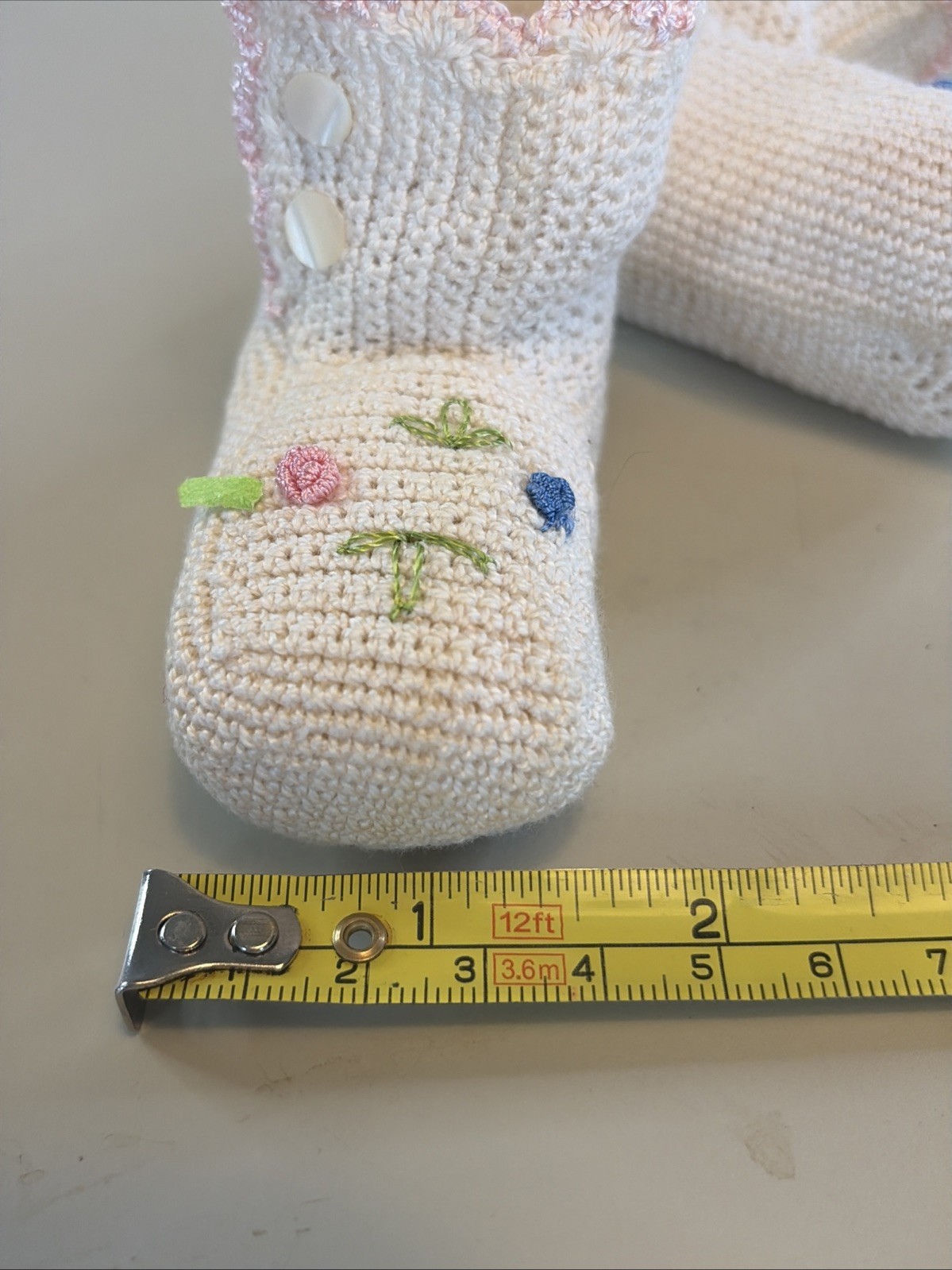 Vintage Hand Crocheted Ivory Pink Blue Flower Infant Booties