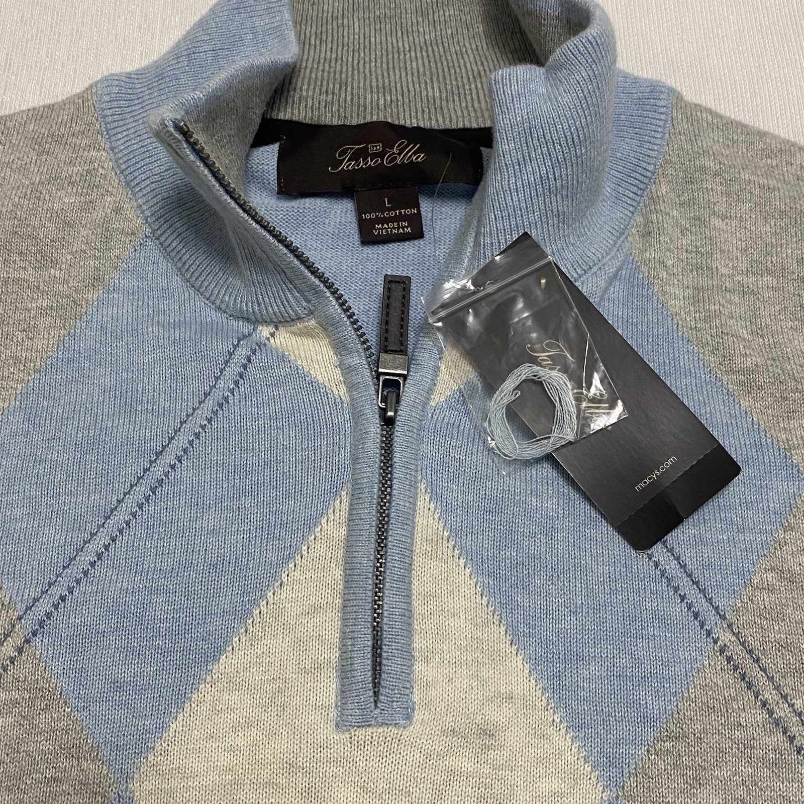 Tasso Elba Men’s Size M Blue Gray Beige Argyle 1/4 Zip Mock Neck Knit Sweater