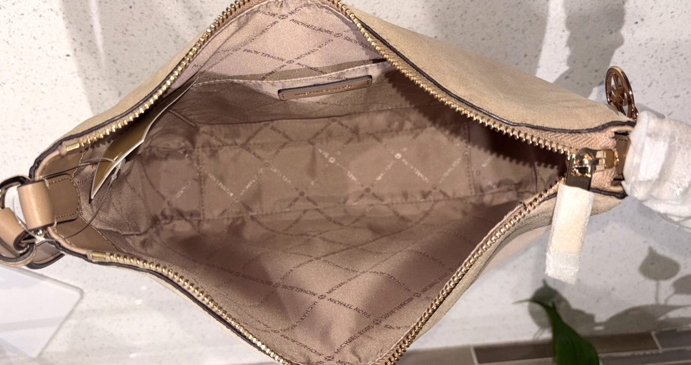 MICHAEL KORS NAYLA MEDIUM ZIP MESSENGER CROSSBODY BAG TOTE MK CAMEL SUEDE GOLD