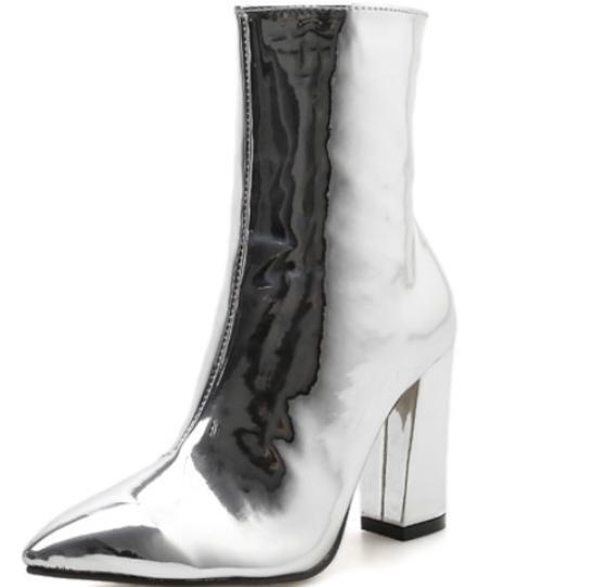 Women Pointed Toe High Heels Patent Leather Chunky heel Bootie Ankle Boots Shoes
