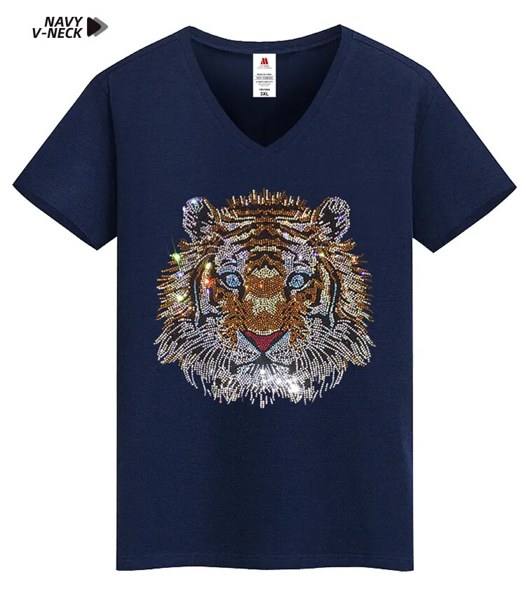 New Fashion Tiger Rhinestones Summer Short Sleeve Luxury Men Designer T-Shirt