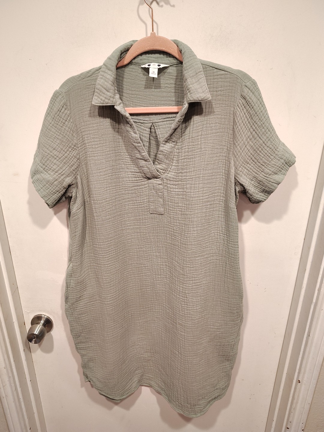 Three Dots Women’s Sage Green Gauze Shirt Dress Sz M Casual Travel Beach Resort