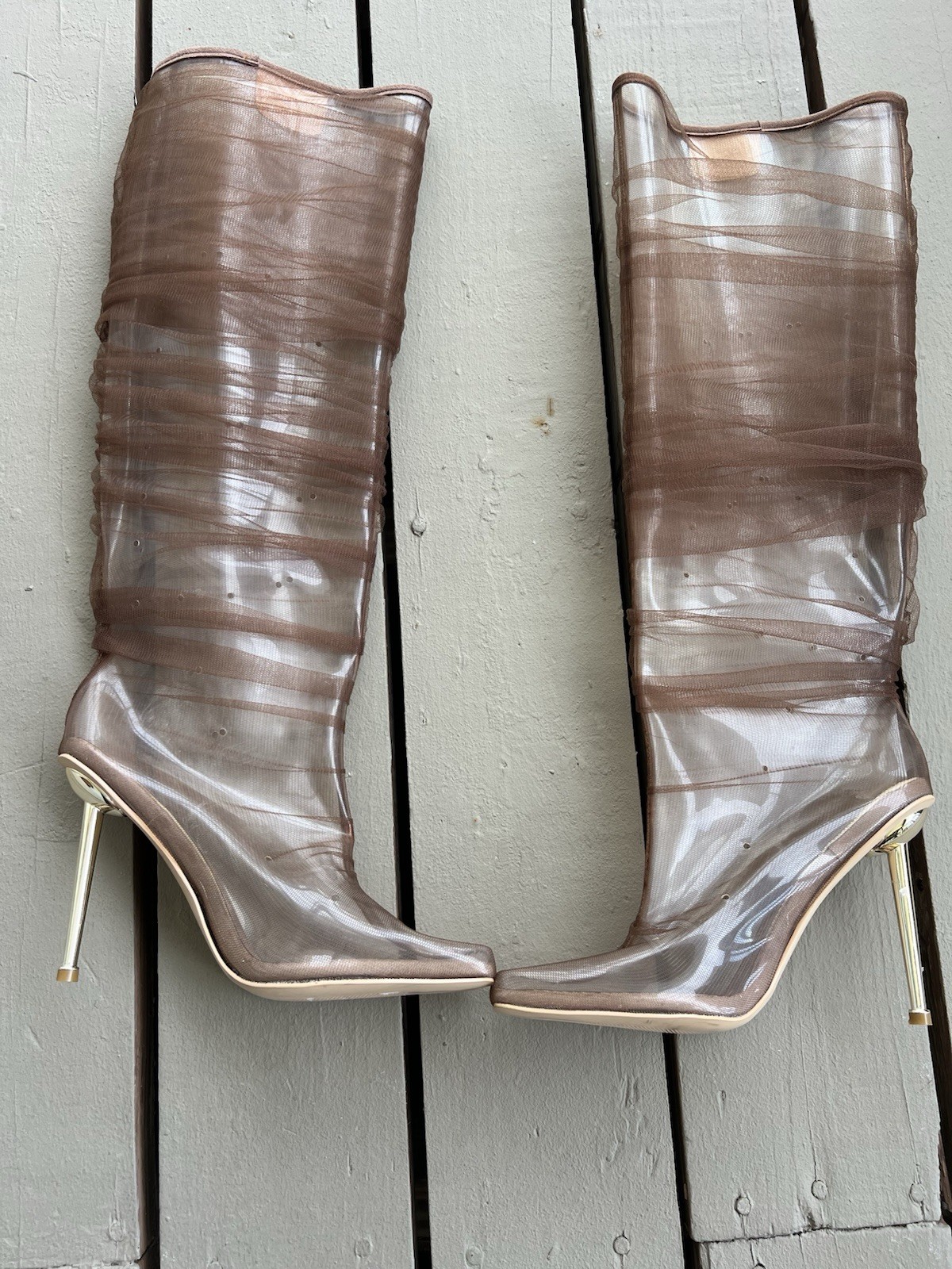 BFlyLA Knee High Brown; PVC, air holes, 4-inch gold heel, and brown mesh 10.5