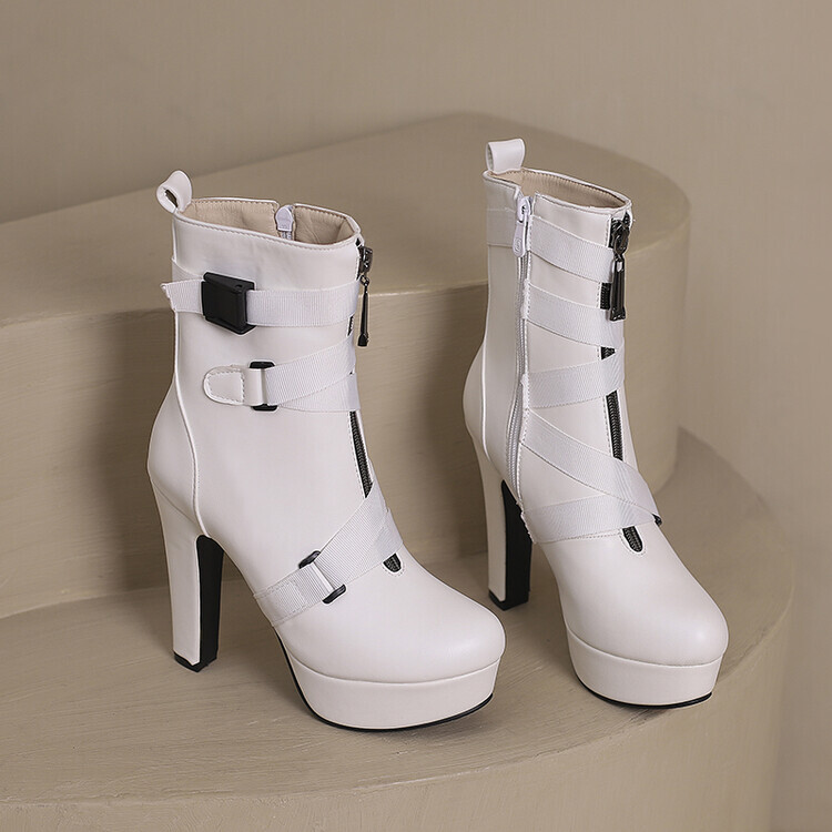 Womens Platform Faux Leather Ankle Boot Round Toe Side Zip Chunky Heels Oversize