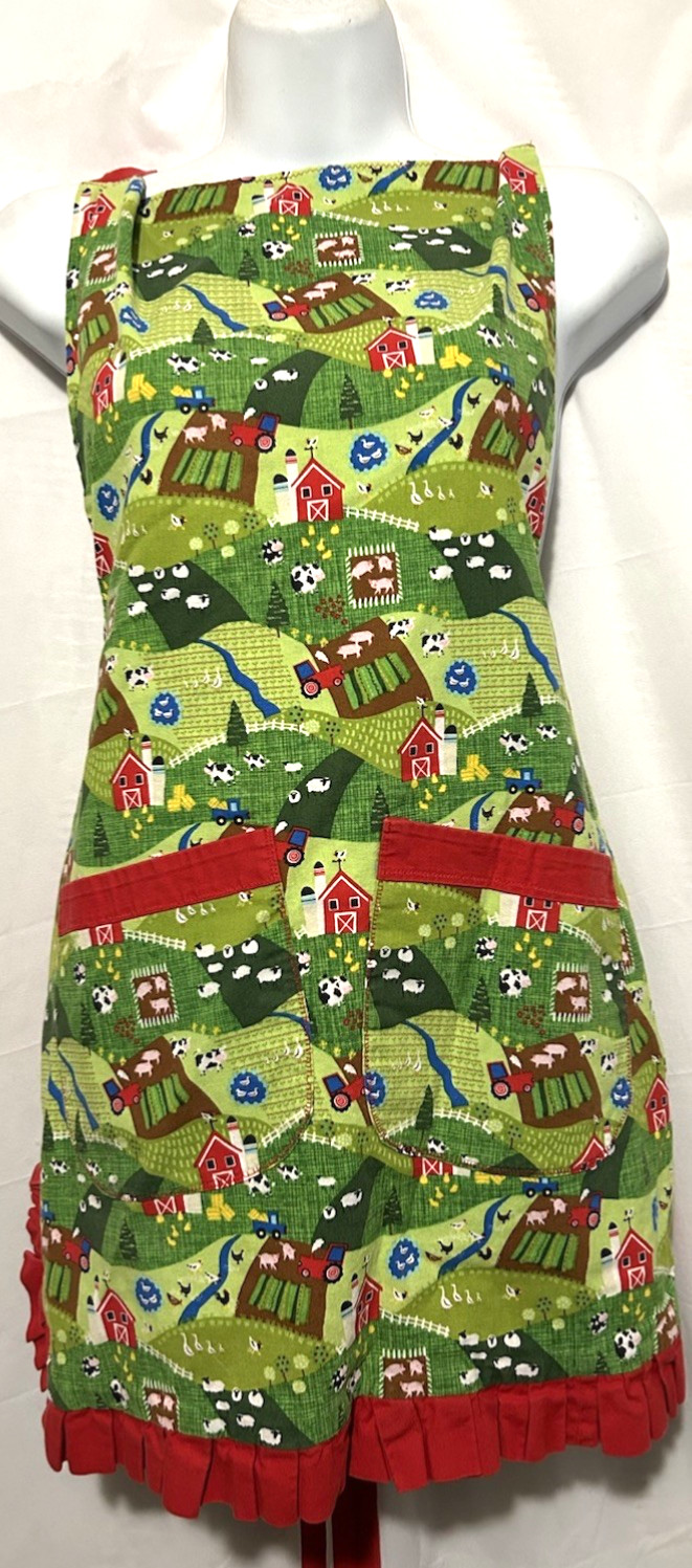 Homemade Bib Apron Country Cottage Barnyard Cows Pigs Ducks Chickens Reversible