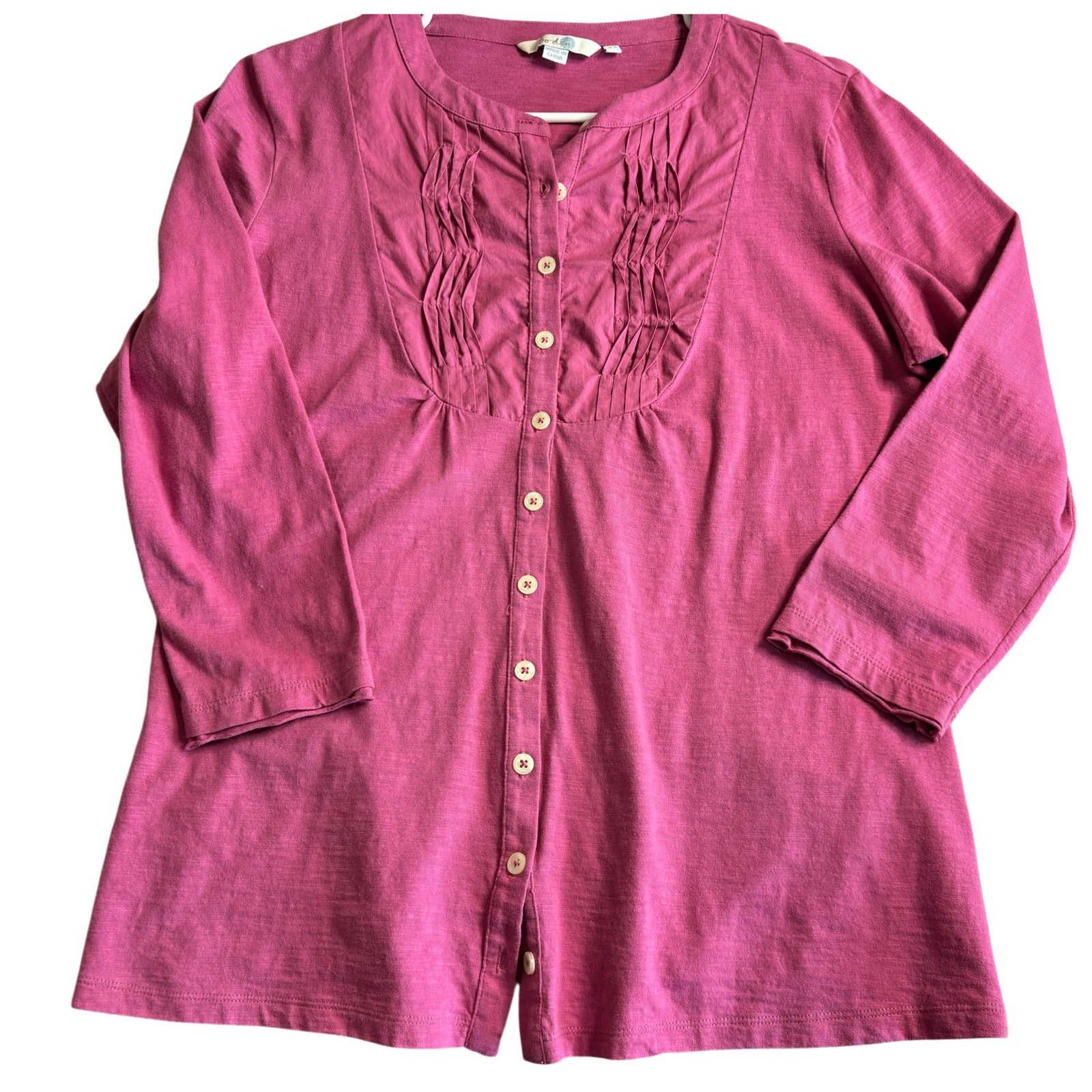Boden Pintuck Pleated Button Front Tunic Top US 12 Berry Pink Cotton 3/4 Sleeve