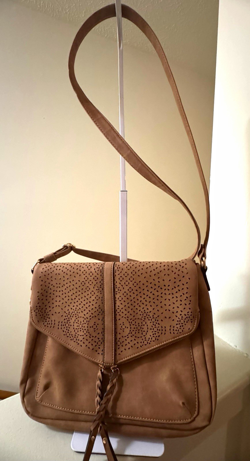 Brown Laser Cut Flap Crossbody Bag Gold Hardware Zip Magnetic Snap Pockets