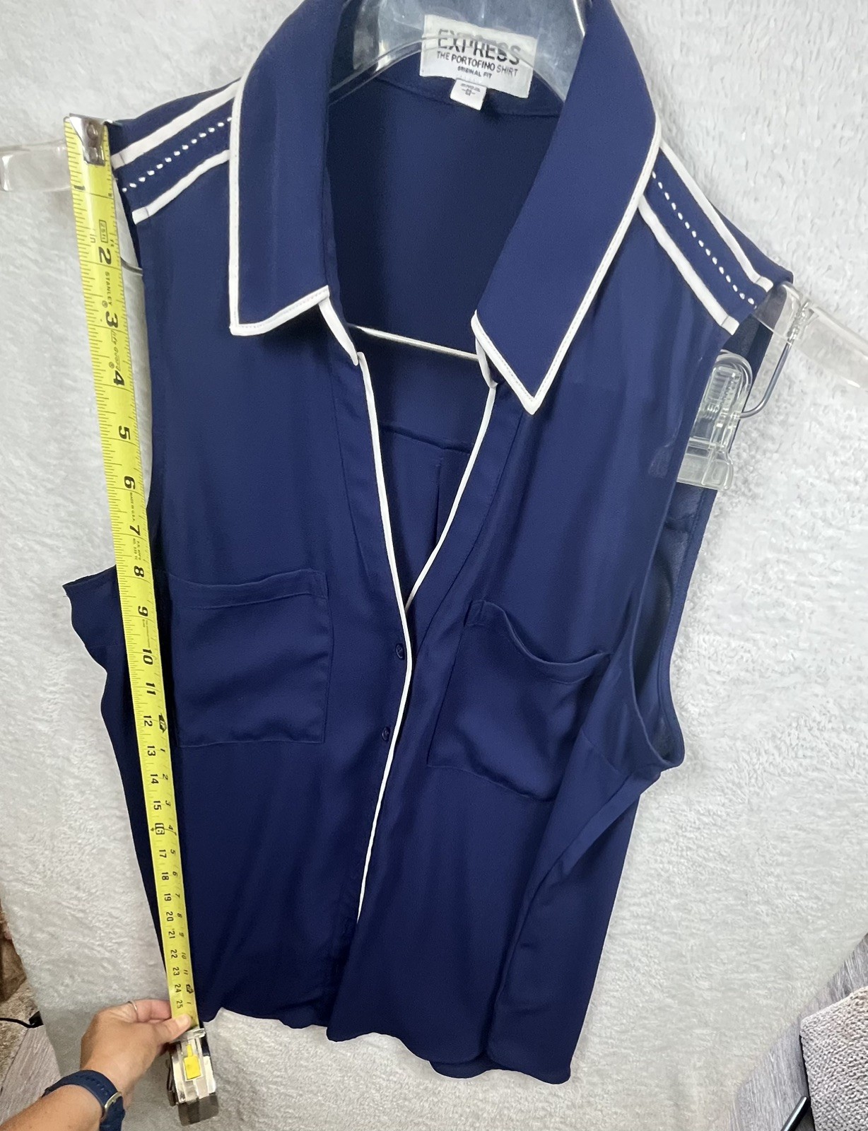 Navy Blue Express Portofino sleeveless Sheer Old Money White Stripe Button Down