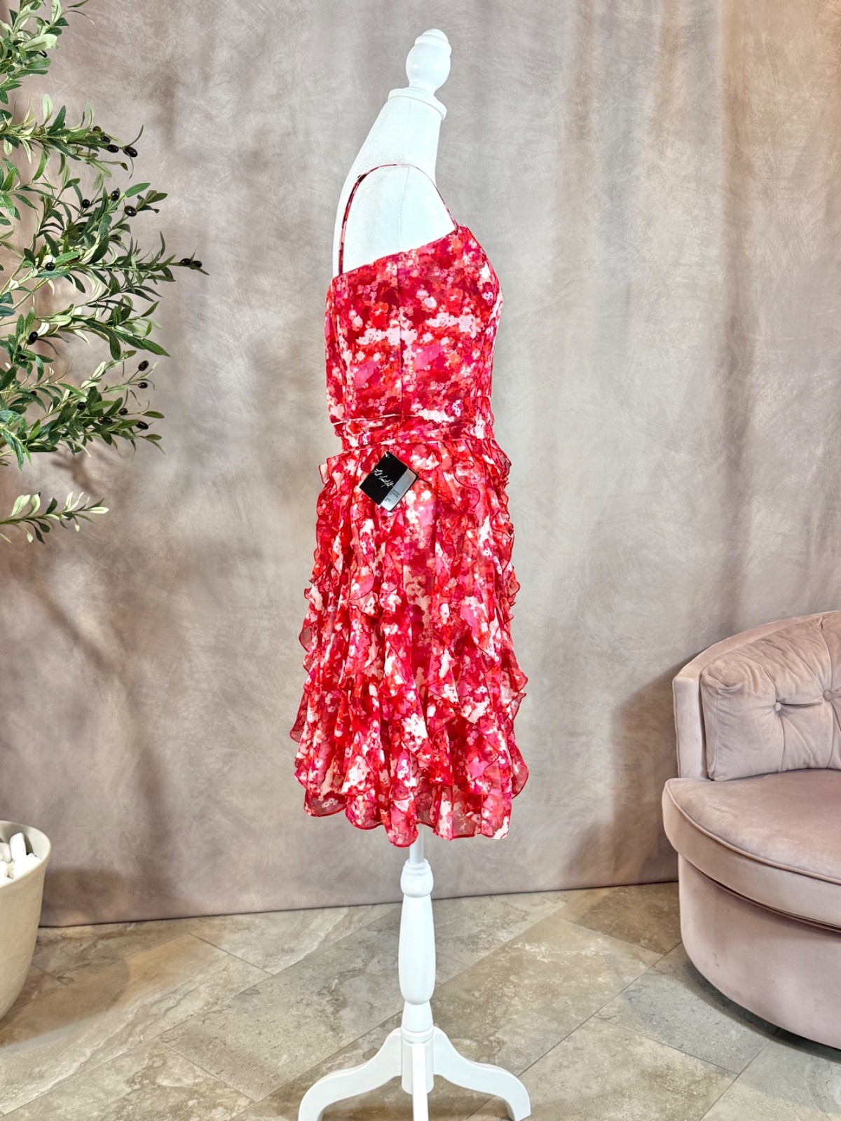 NWT White House Black Market Floral Waterfall Ruffle Chiffon Dress Pink Red Size