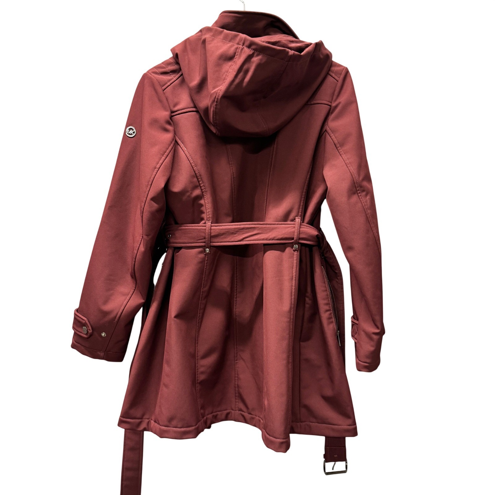 Michael Kors Softshell Jacket Womens Large Belted Hooded Burgundy Trench Coat