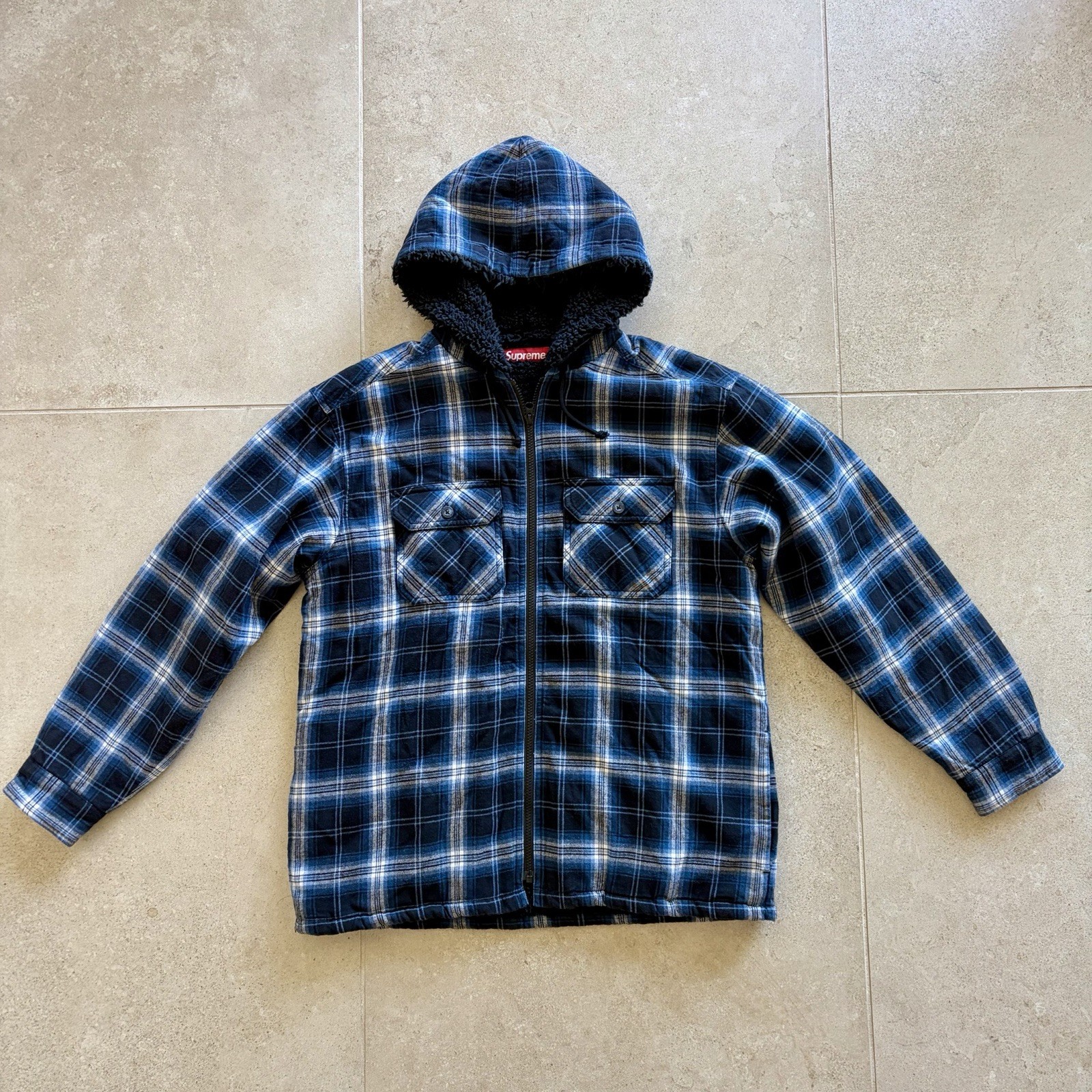 Supreme Men’s Plaid Hooded Zip Jacket Sherpa Lined Blue/Black/White M