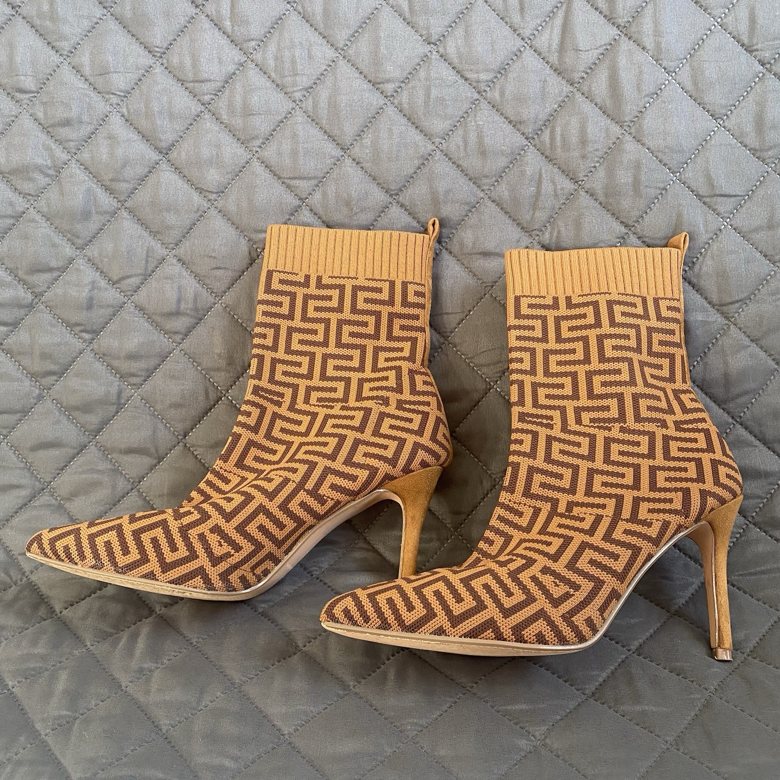 C. Malandrino Monogram Logo Heeled Ankle Sock, Knit, Suede Tan/Brown Boot SZ 8.5