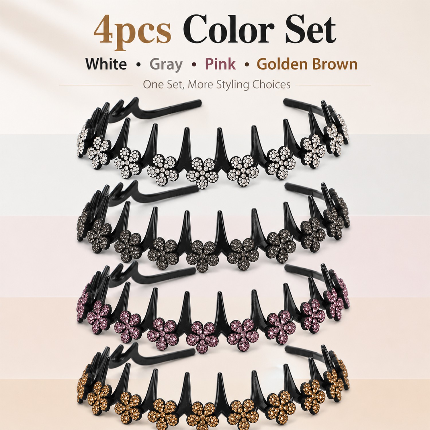 4PCS Glitter Rhinestone Butterfly Flowers Crystal Wavy Teeth Headband for Women