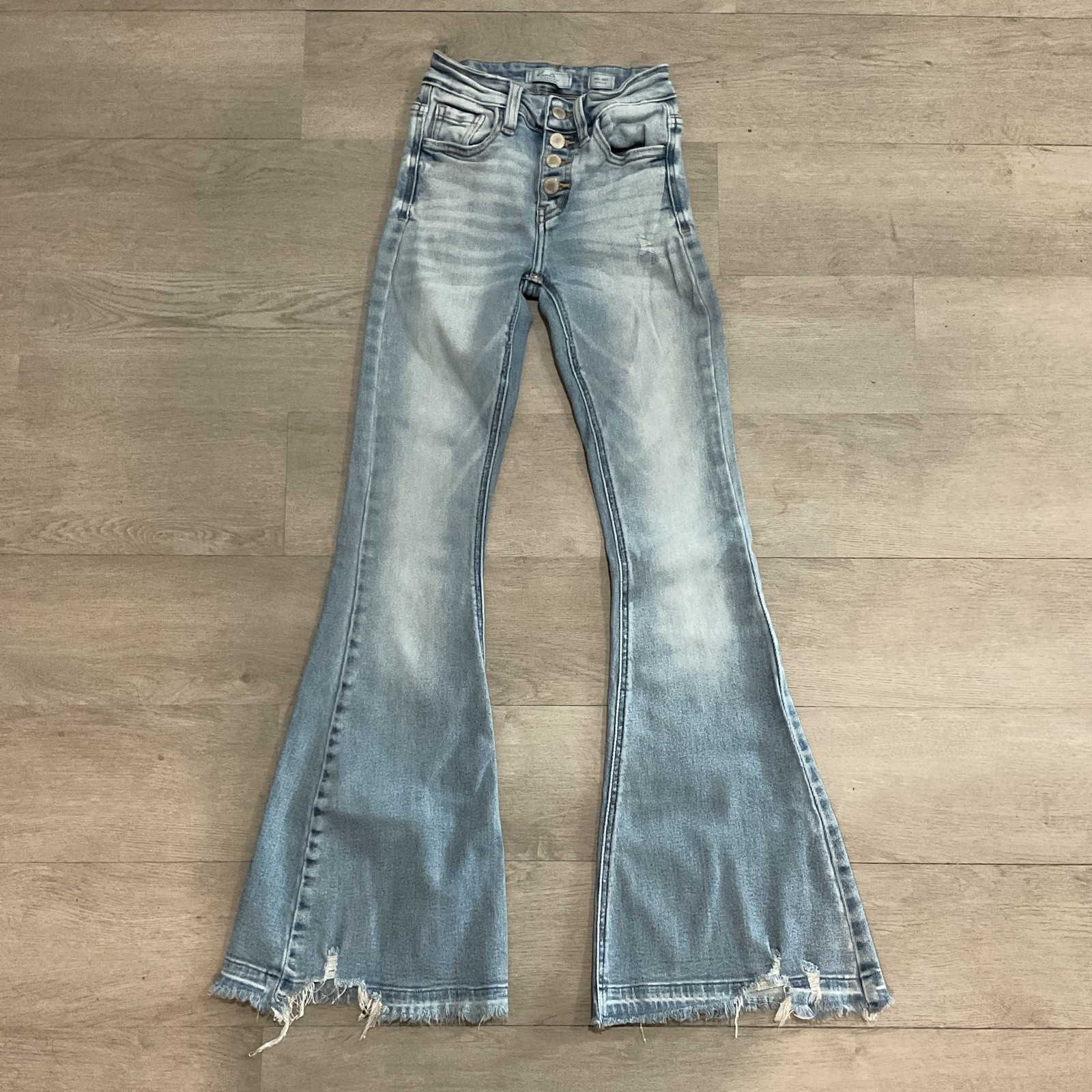 KanCan Women’s Light Wash Blue Distressed High Rise Super Flare 5-Pocket Jeans