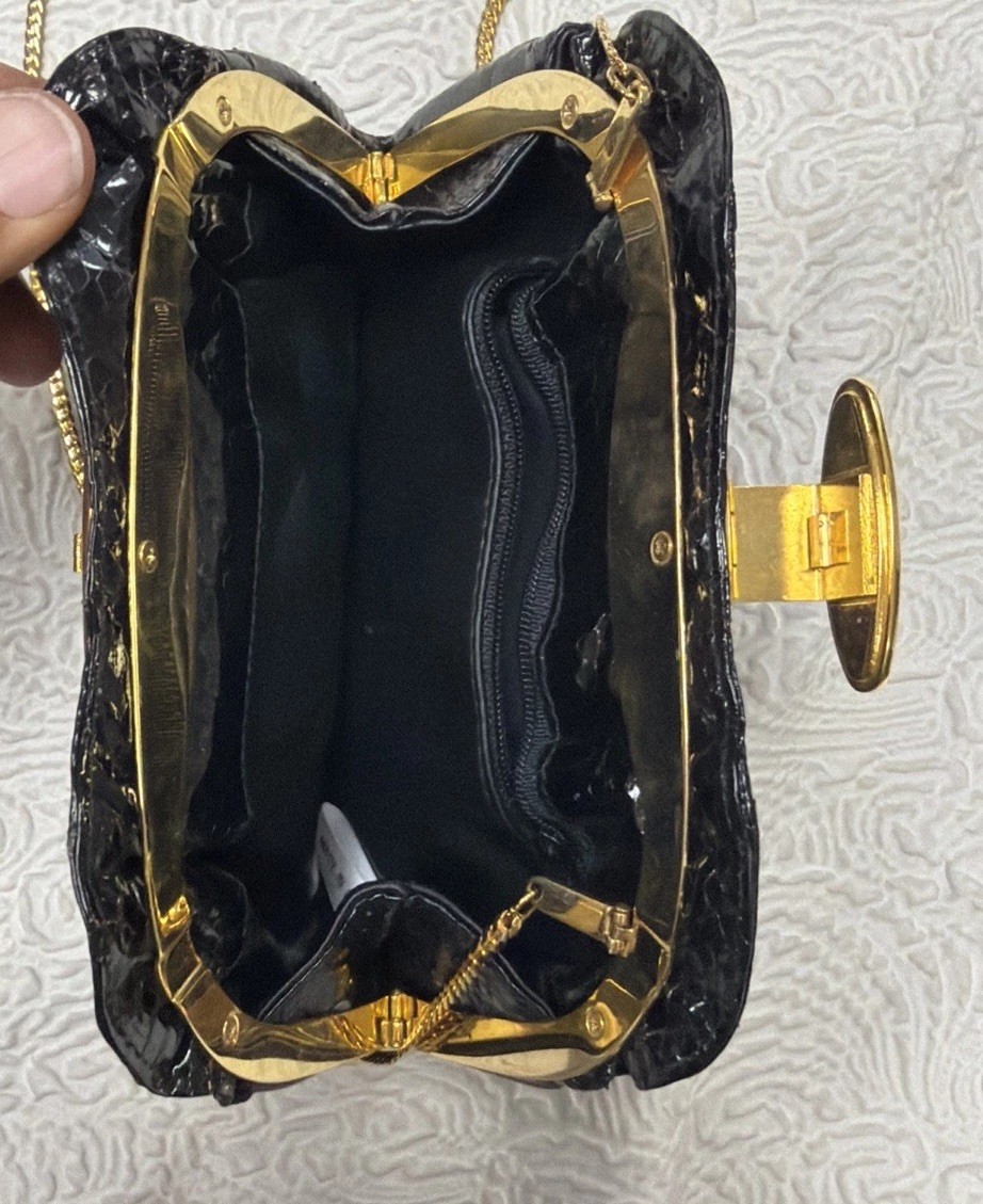 Vintage Embossed Glossy Black Snakeskin Clear Pavé-Set Crystals Jeweled Purse