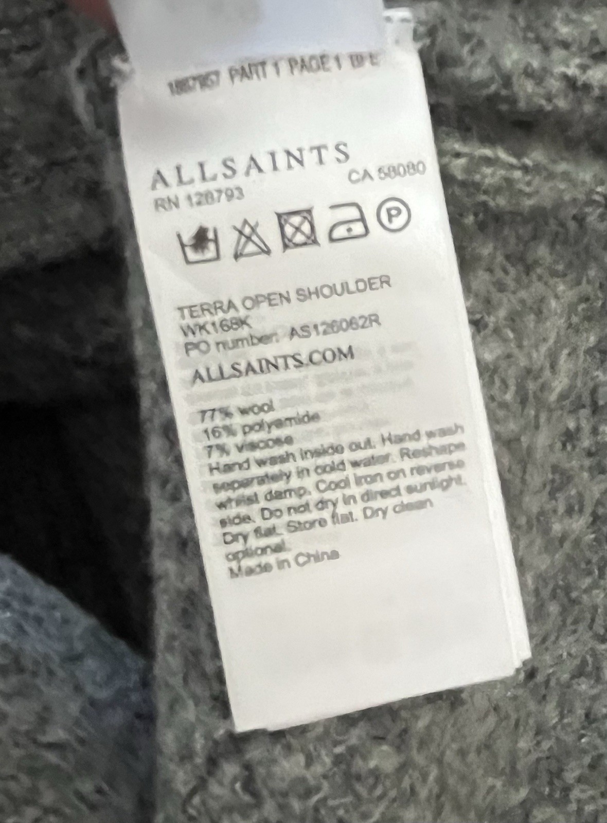 All Saints Terra Open Cold Shoulder Wool Jumper OVERSIZED Size XS Grey Ribbed