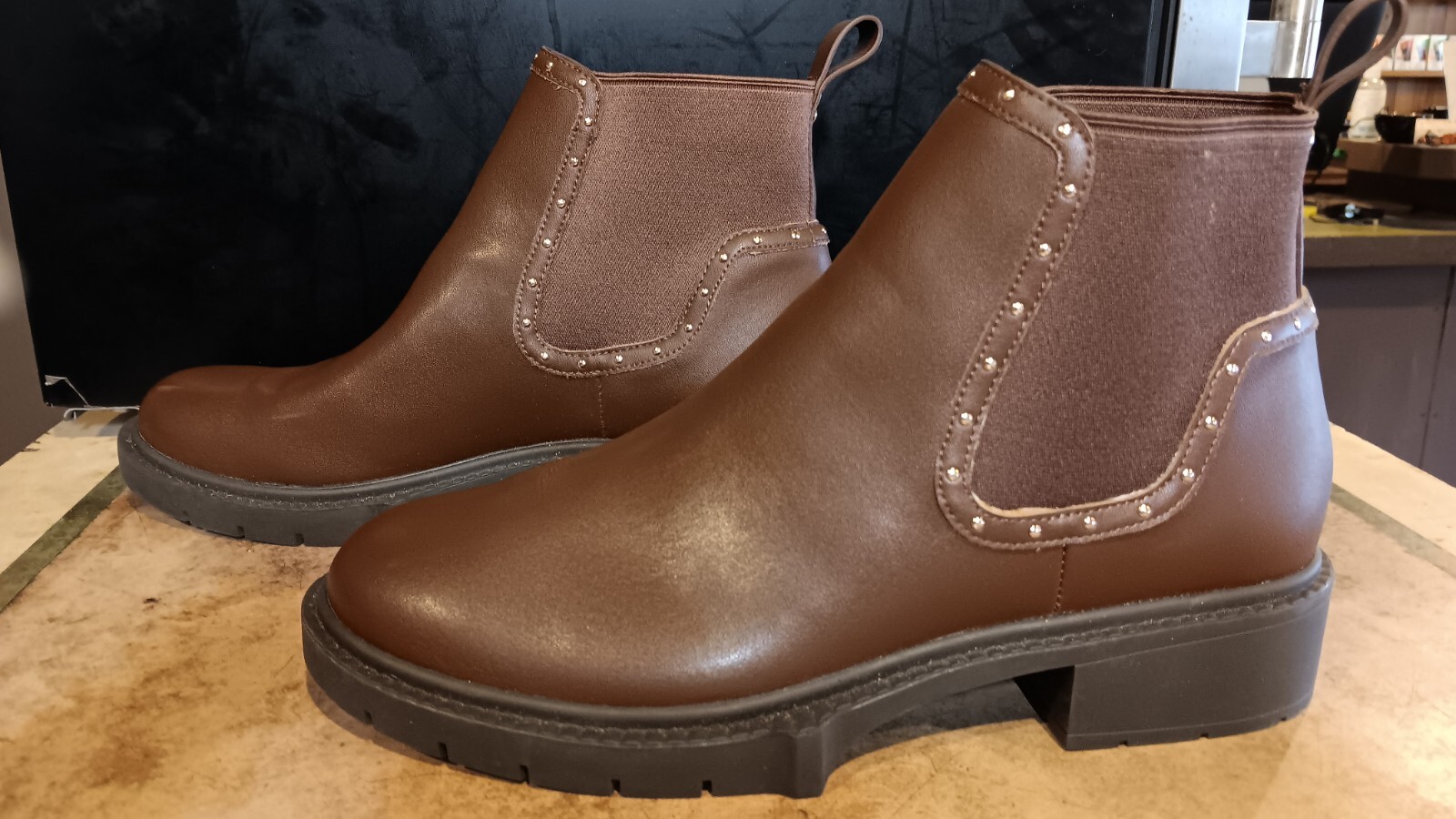 Coach LORY Leather Ankle Boots, Chunky Heel, Brown, Studded, Sz 9B, EU 39.5