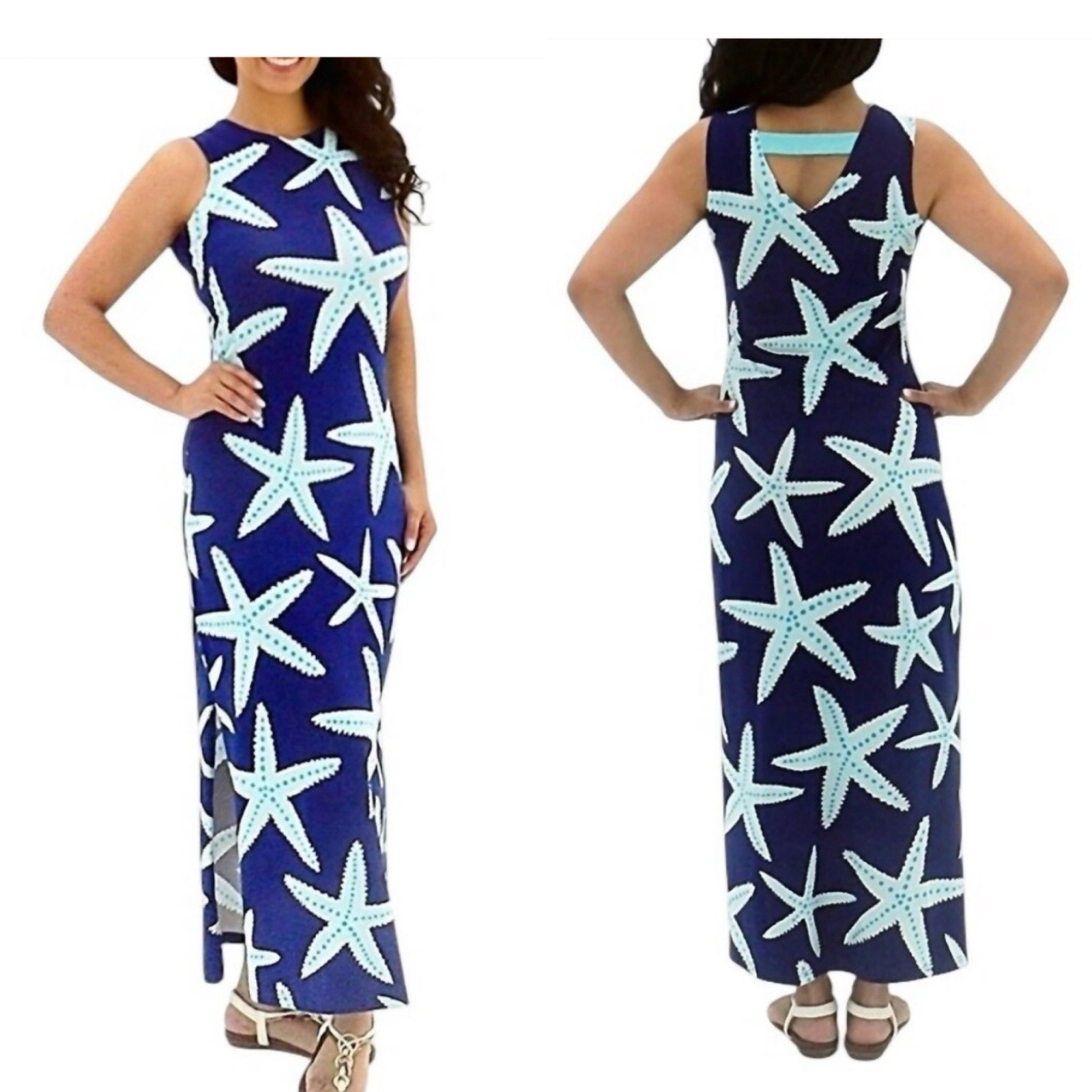 Ana Clare Sz Small Emilee Seashell Print Sleeveless Cotton Maxi Shift Dress EUC