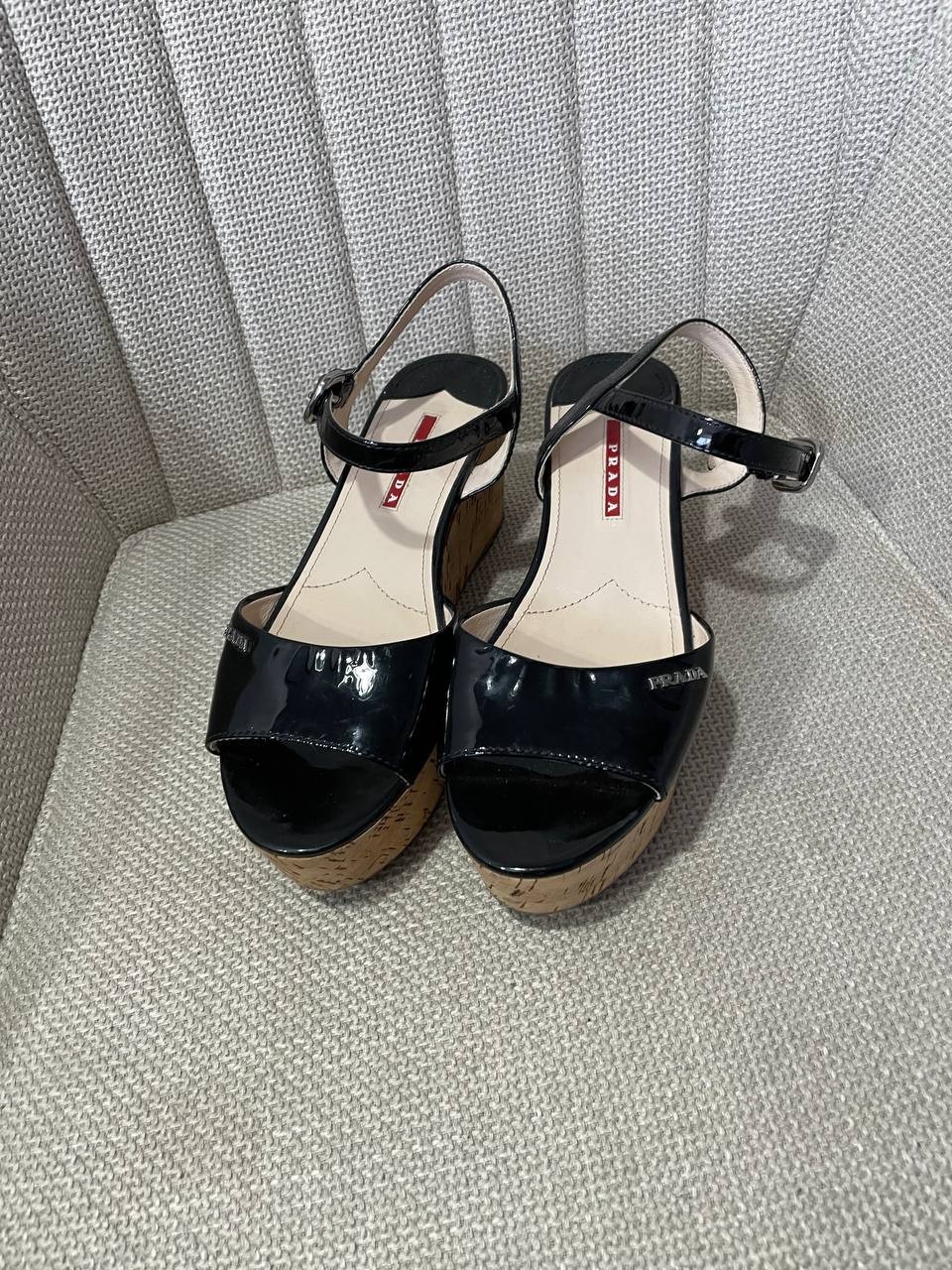 Prada Black Patent Leather and Cork Wedge Sandals Size IT 37 US 7