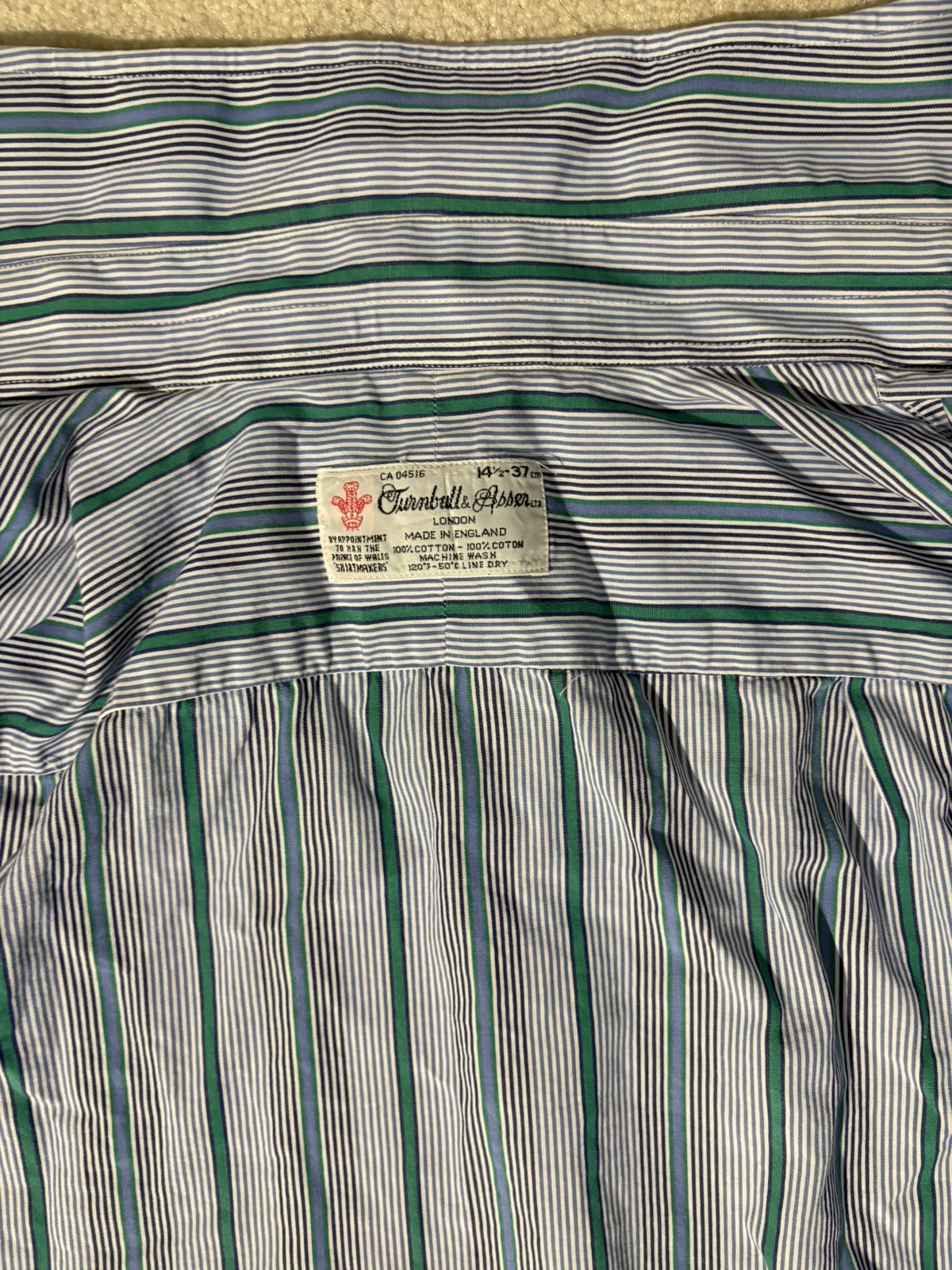 Turnbull & Asser Dress Shirt Mens 14.5- 37 Blue & Green Stripe England