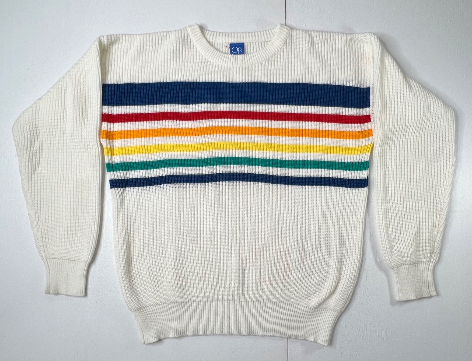 Ocean Pacific OP Vintage 80’s White with Rainbow Stripes Sweater Mens Large