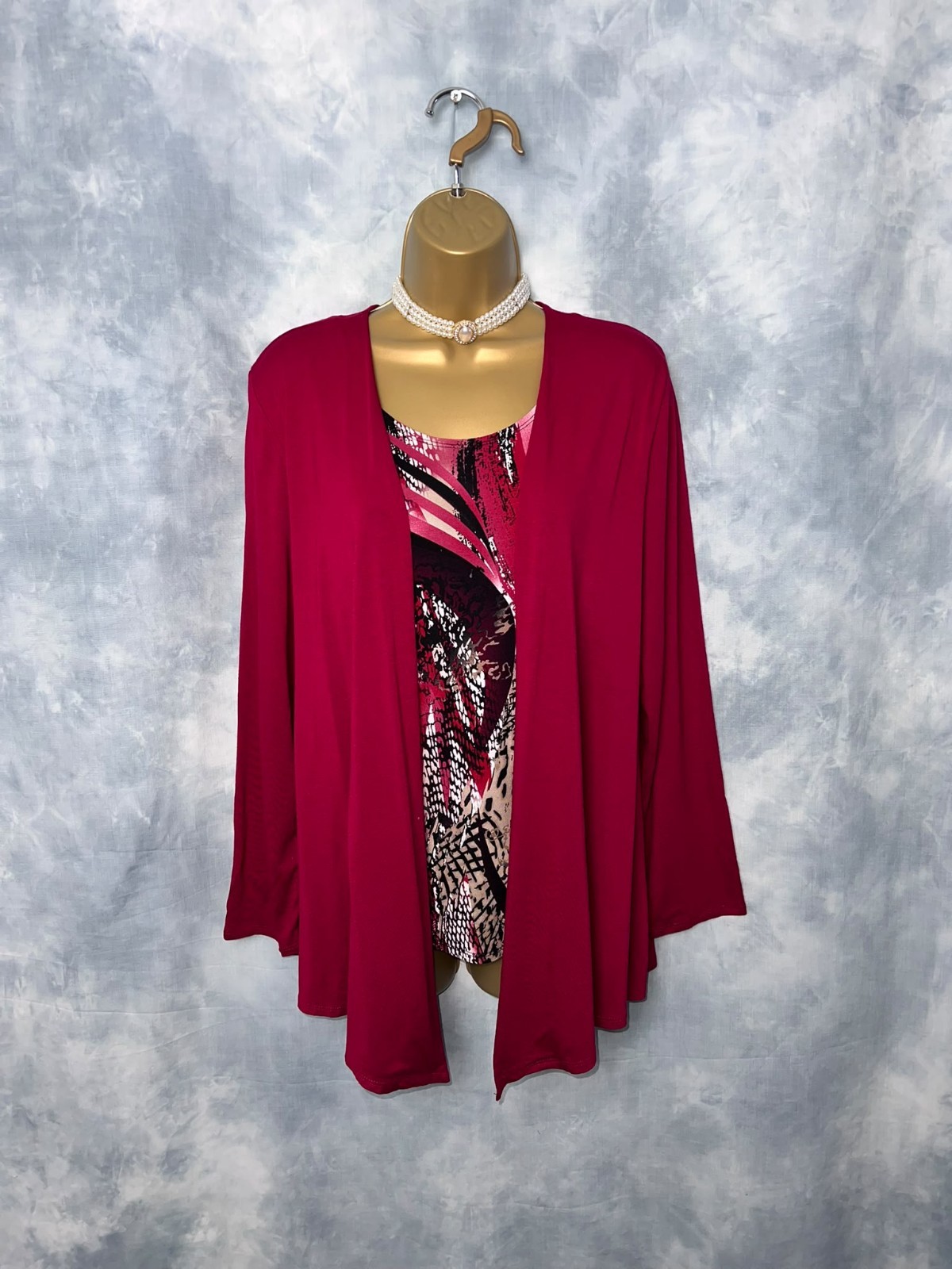 SALOOS Wine Red 2-in-1 Layered Top Size 16 Print Stretchy Elegant Classy Office