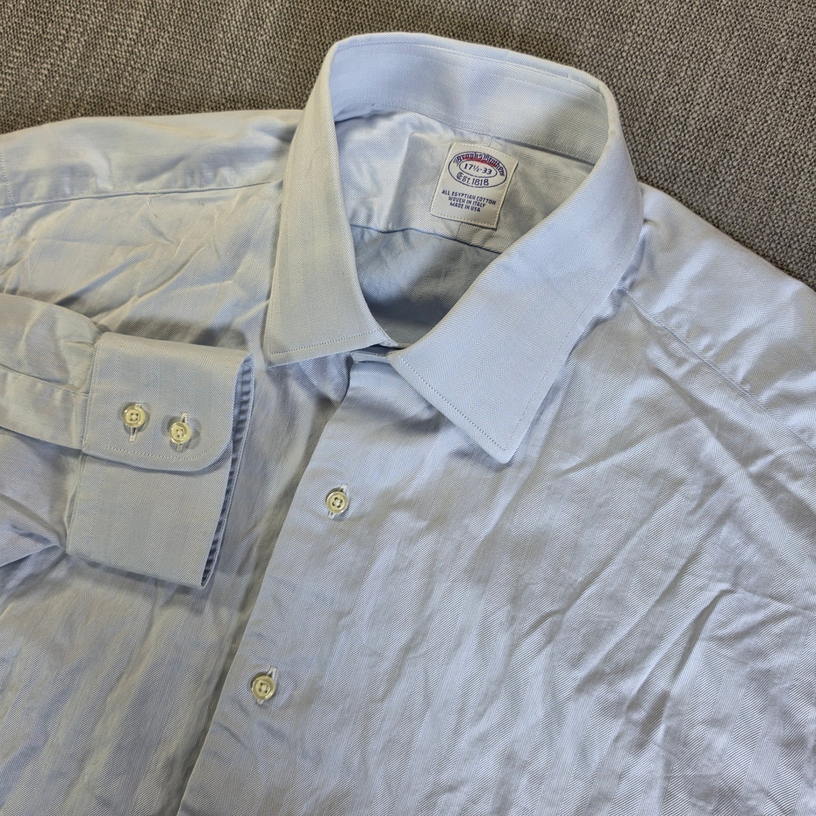 Brooks Brothers Dress Shirt Mens 17.5-33 Blue Herringbone Egyptian Made In USA