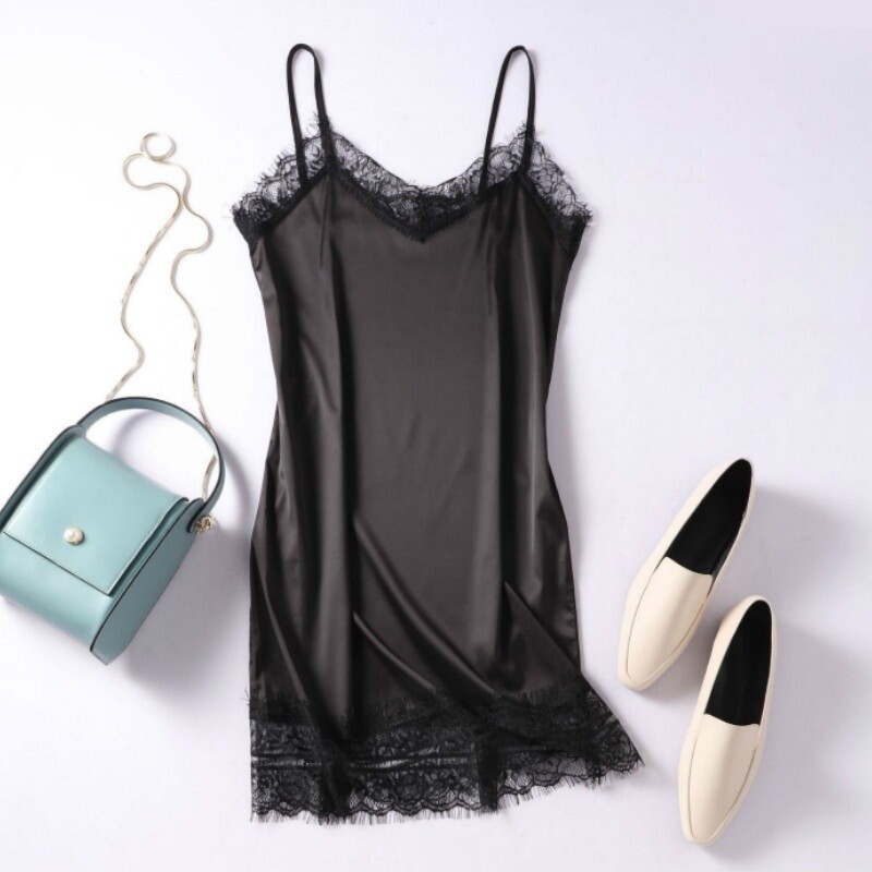 Lady Lace Faux Silk Slips Dress Satin Strap Nightdress Mini Petticoat Sleepwear