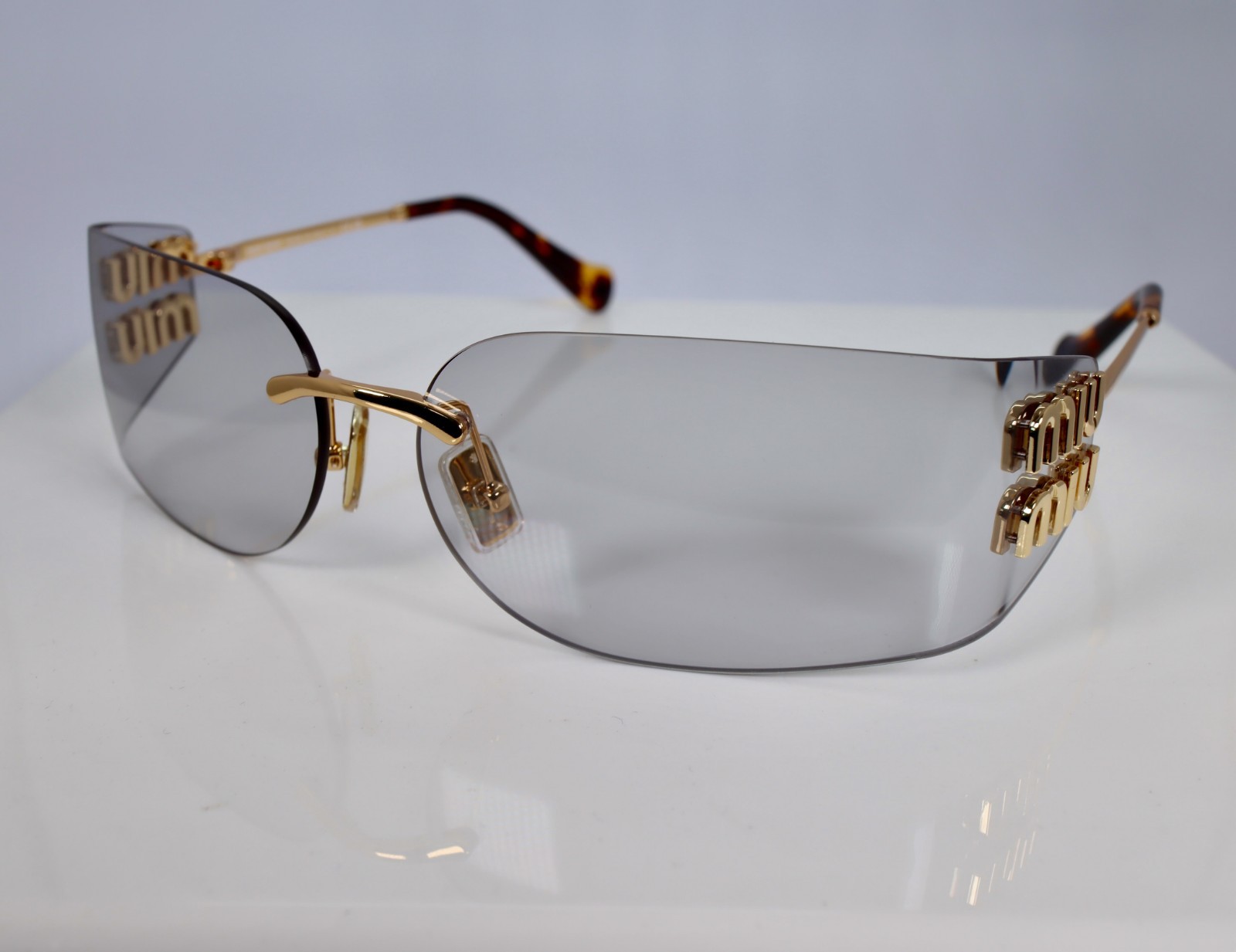 Miu Miu MU A51S 5AK50K 75mm Rectangle Sunglasses in Gold with Light Gray Lenses