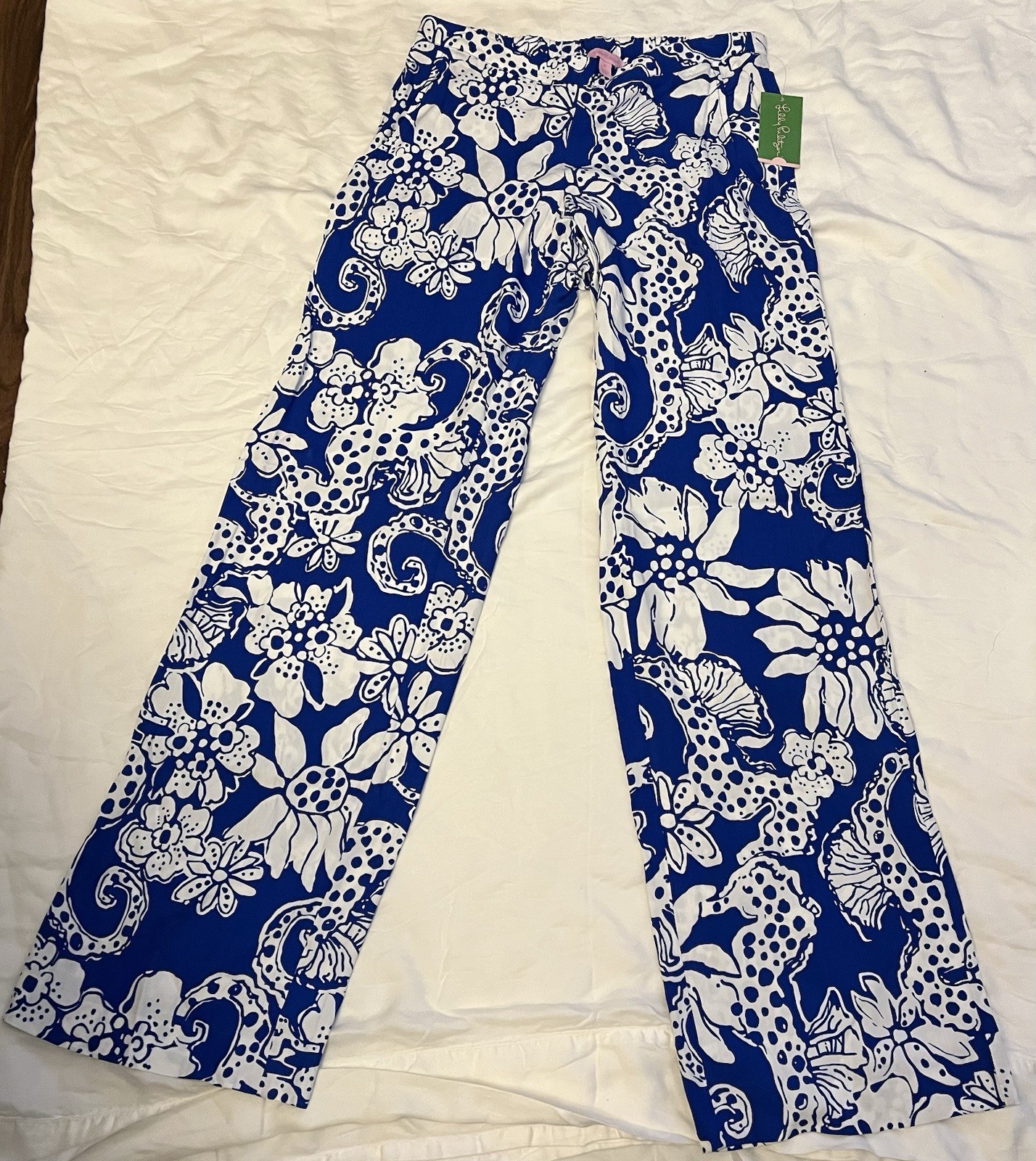 NWT Lilly Pulitzer Cambridge Palazzo Wide Leg Floral Pants Deep Sea Blue M