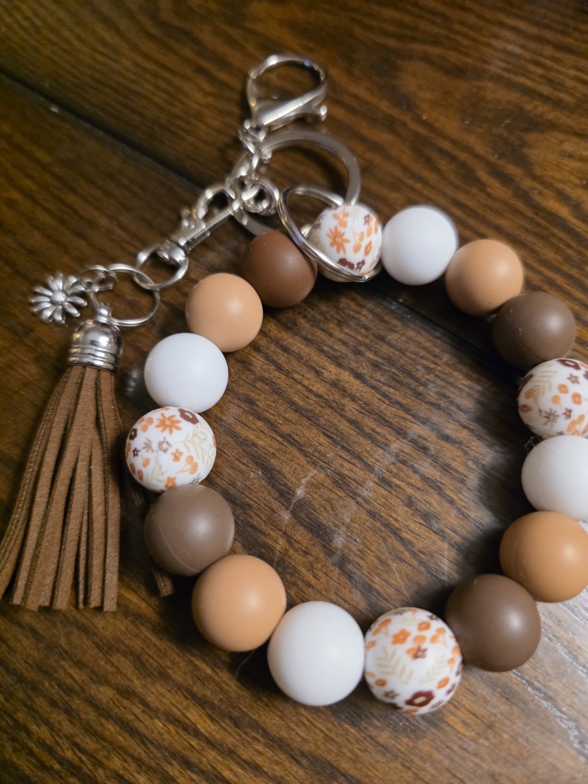 Boho Wristlet Keychain Silicone Bead Earth Tone Brown White Key Ring
