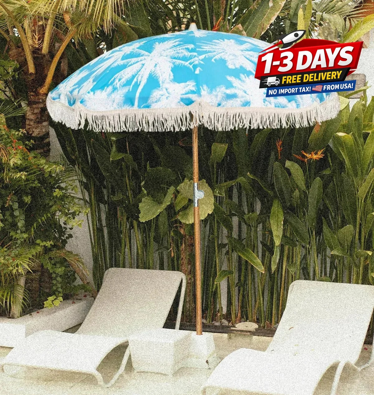 6.5Ft Boho Beach Umbrella with Fringe, Tassel Umbrellas with Tilting Wood Pole &
