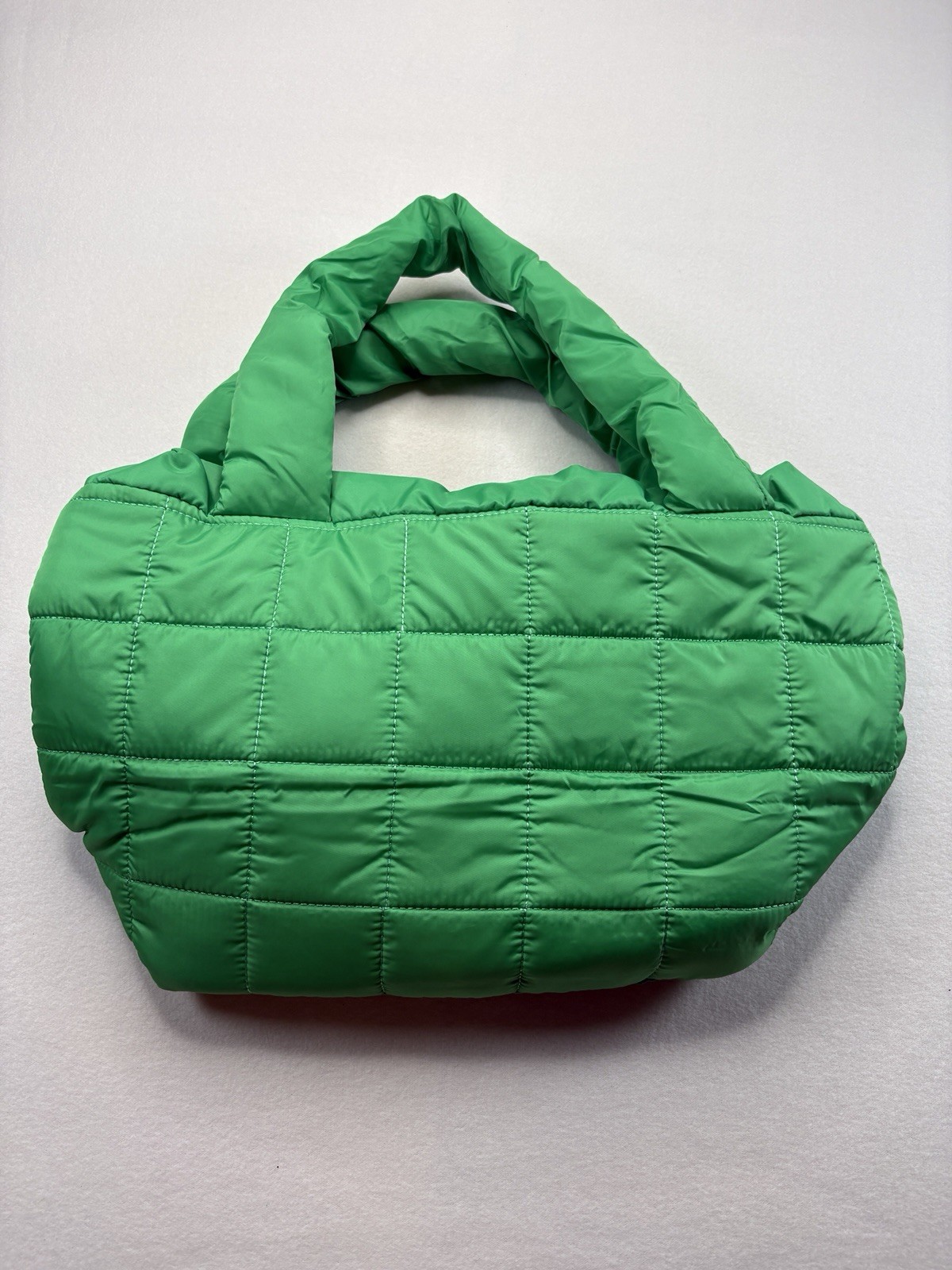 Green Quilted Puffer Shoulder Bag, Top Handle, Zip Closure, Detachable Strap