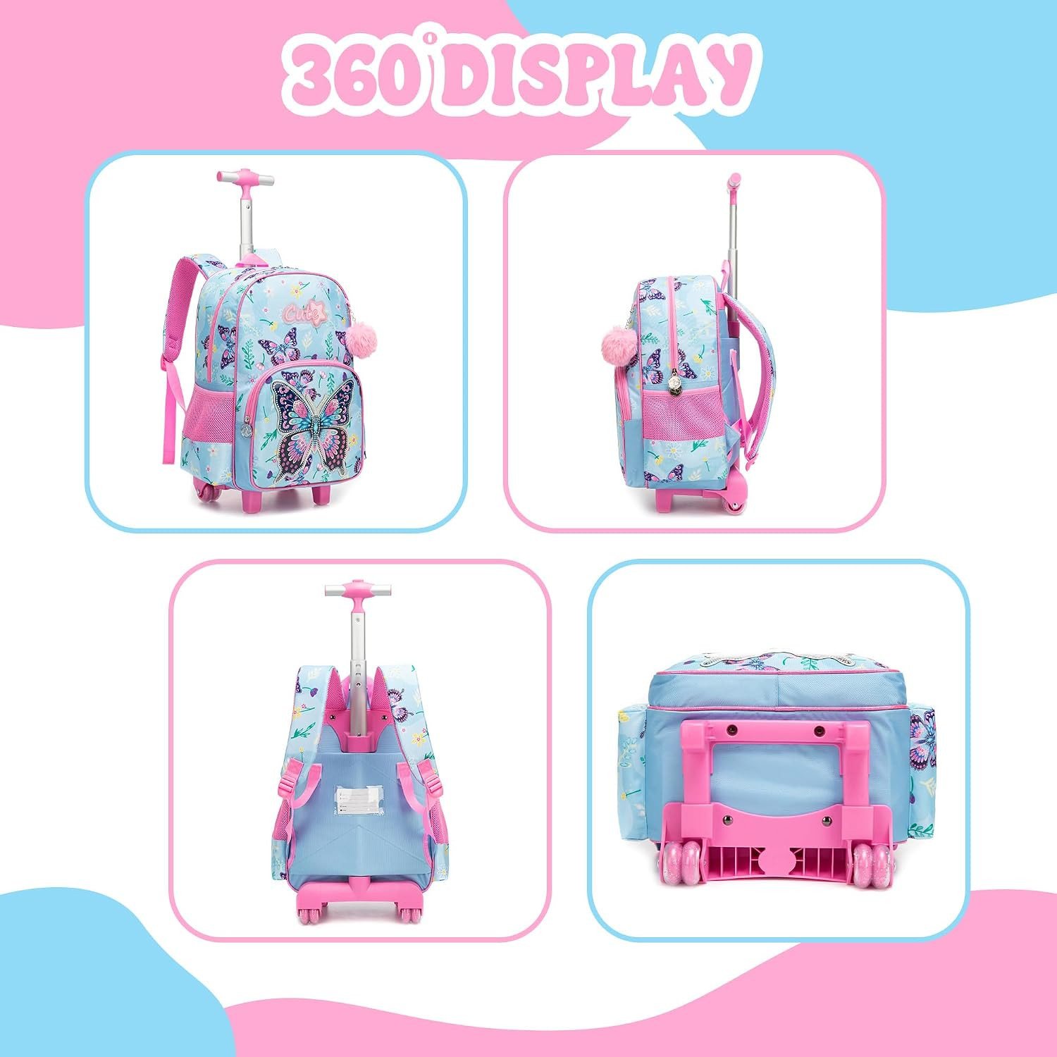 Kids Rolling Backpack with Wheels for Girls Cute Butterfly School Roller Backpac