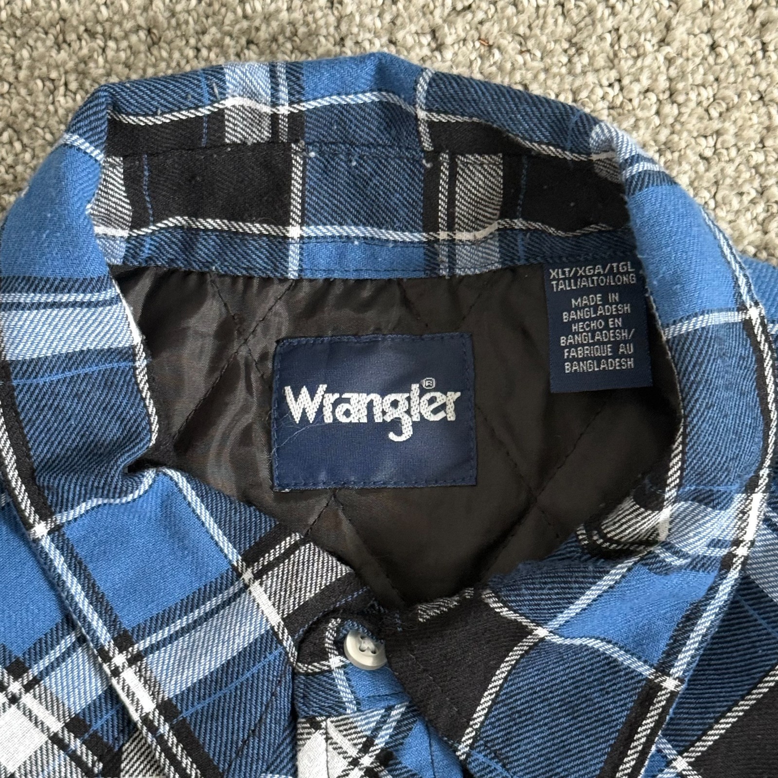 Wrangler Quilted Lined Flannel Shirt Jacket Western Pearl Snap Blue Plaid XLT