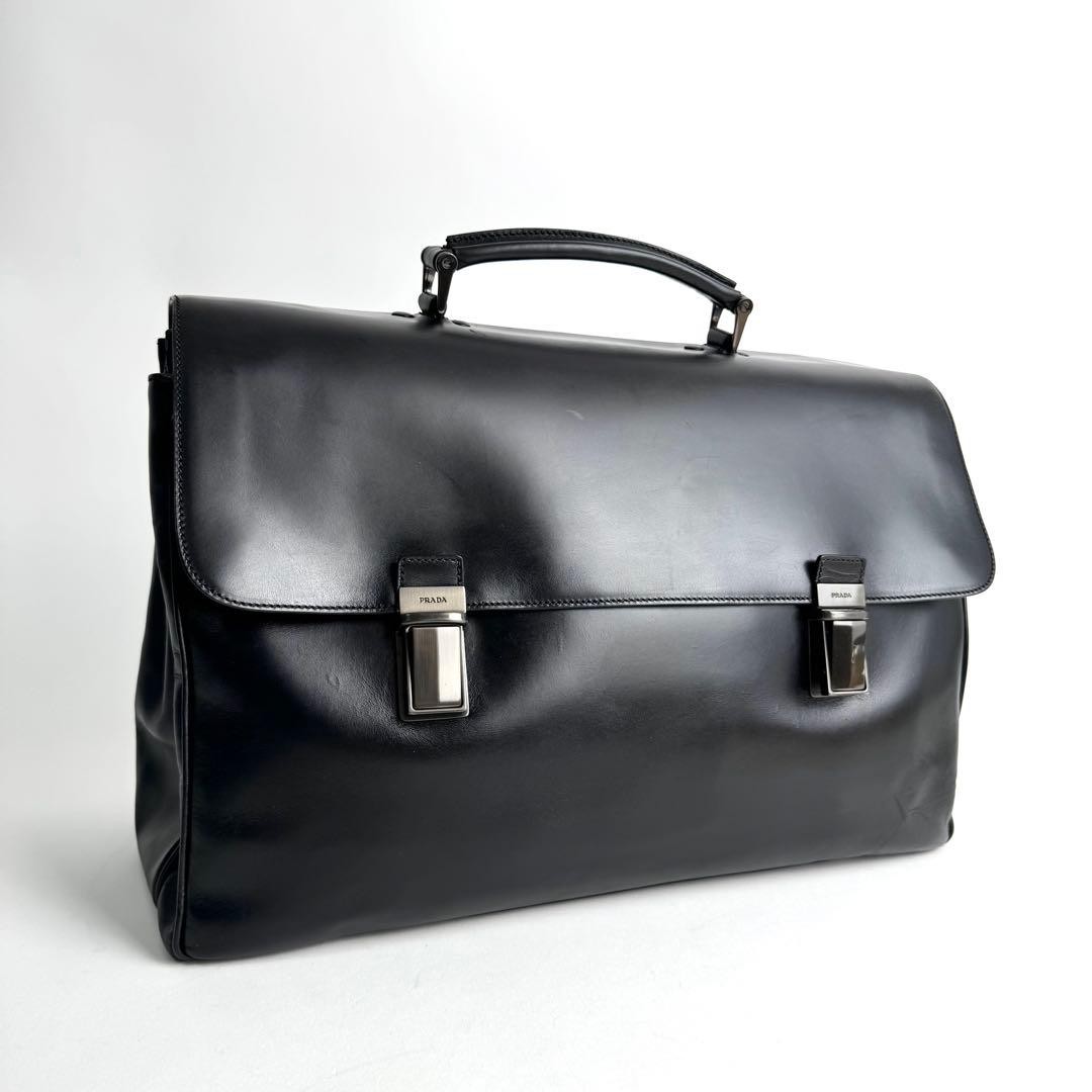 PRADA Black Leather Briefcase Business Bag Handbag Italy Office Laptop NERO