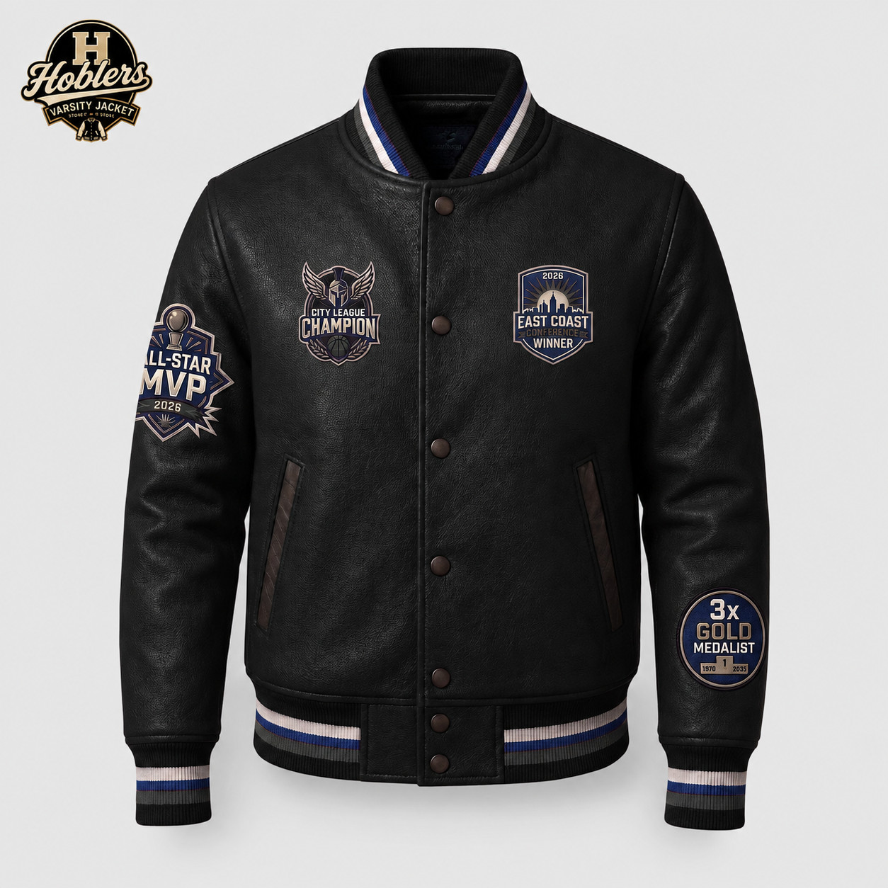Black Leather Varsity Jacket with Championship Patches | All-Star MVP Bomber J