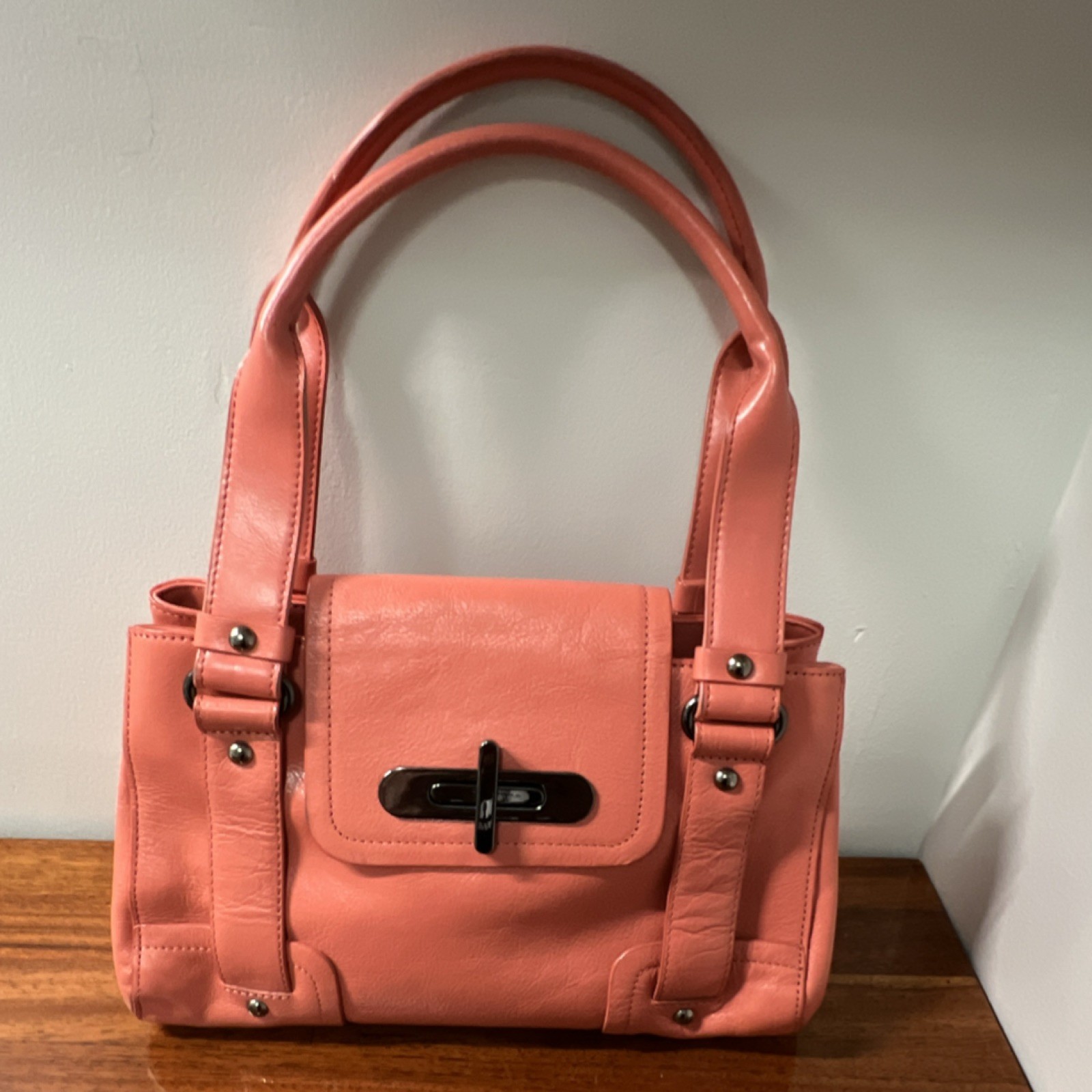 Kenneth Cole Reaction Coral Double Handle Top Handle Bag Turn Lock Buckle Accent