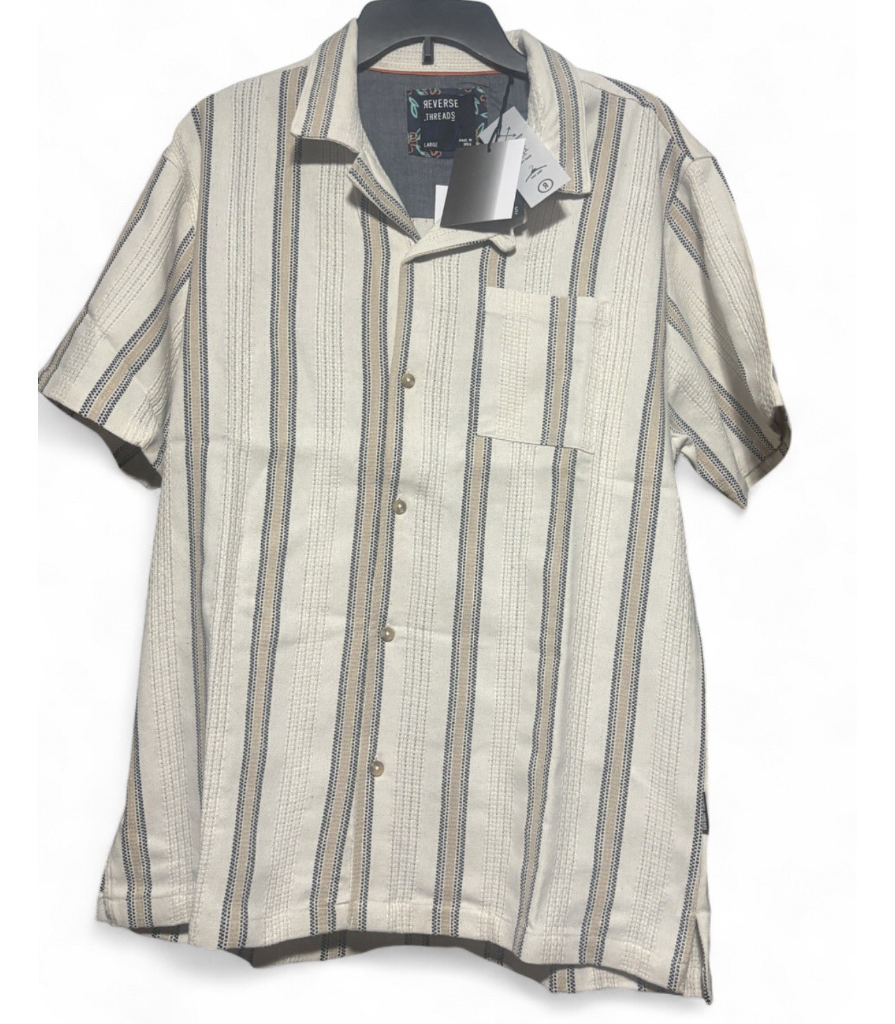 Reverse Thread Men’s Beige Blue Striped Short Sleeve Collared Button-Up Size S