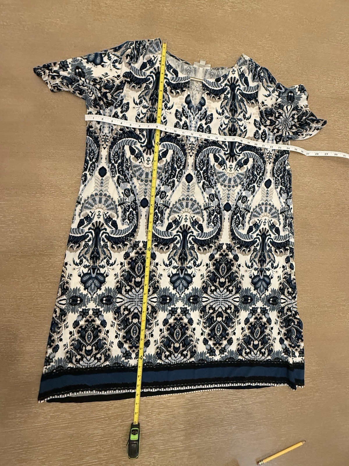 Avenue Blue/White Paisley Knit Shift Dress Short Sleeve Round Neck Knee 22/24