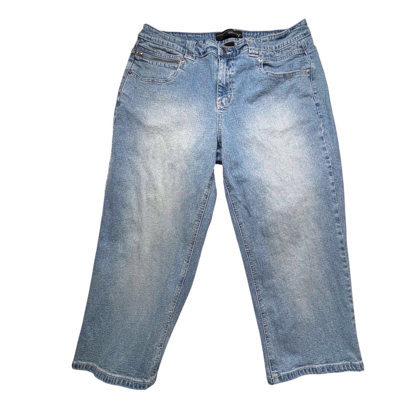 Venezia Jeans Women 16 Blue Cropped Capris Wide Leg Zip Pocket Stretch Denim