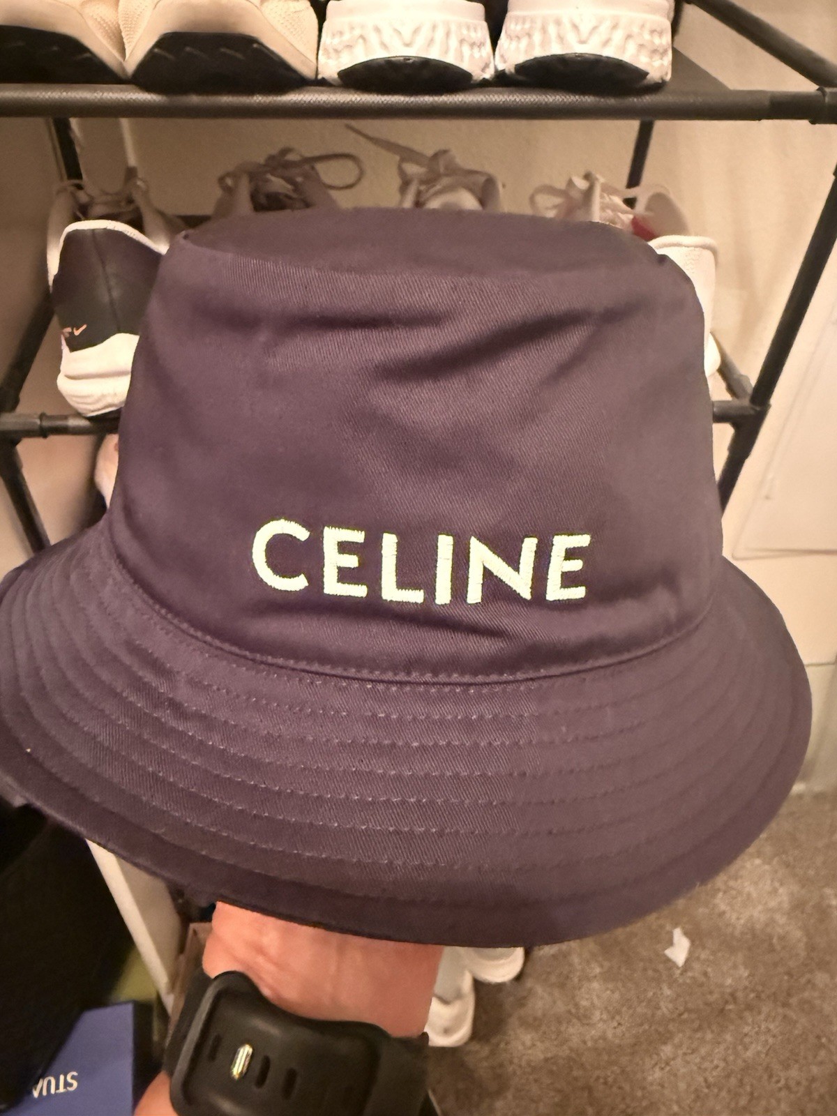 CELINE Paris Embroidered Logo Navy Bucket Hat Size M Women’s Casual