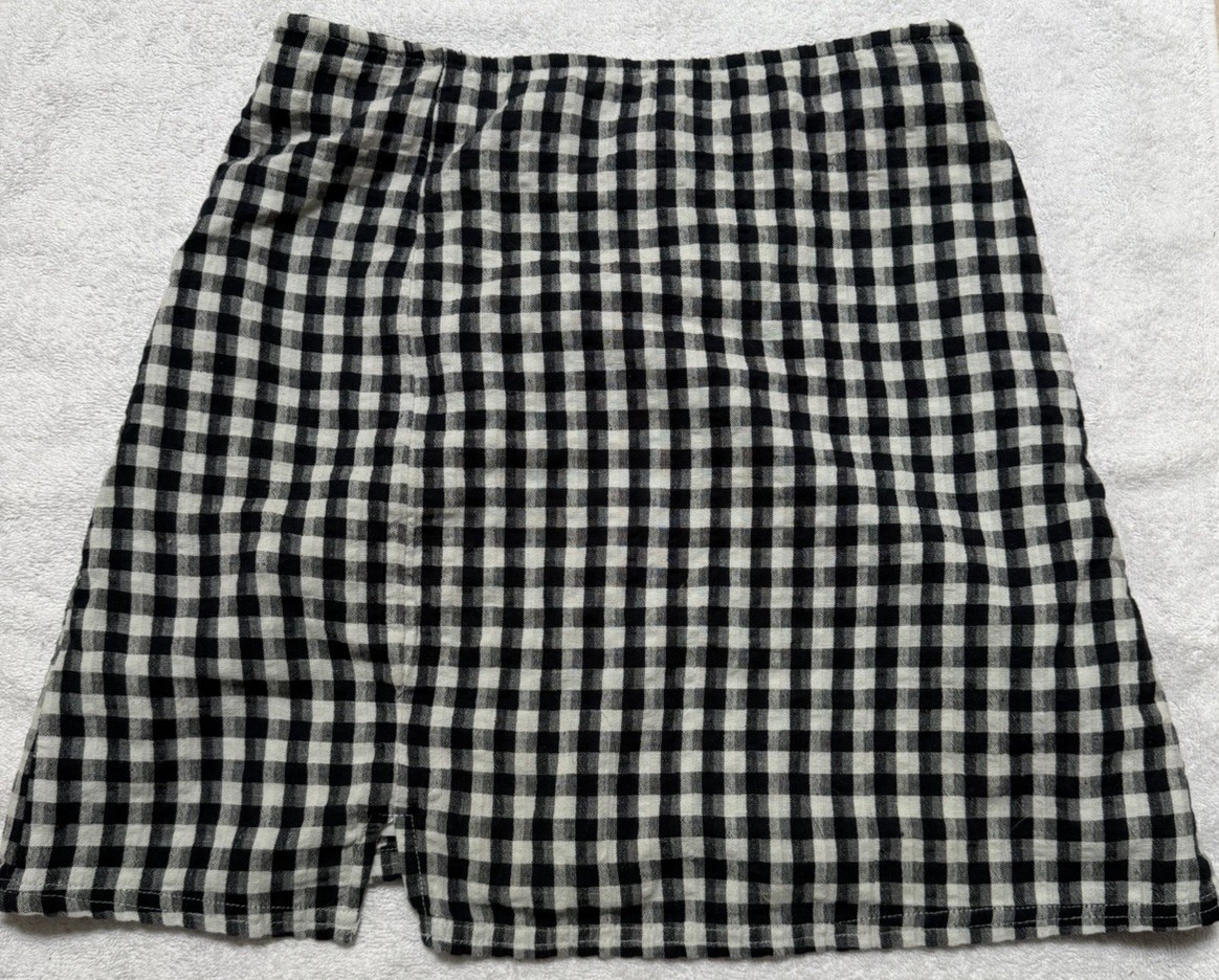 American Eagle Gingham Mini Skirt Size XS Black White Cotton Linen Slit Lined