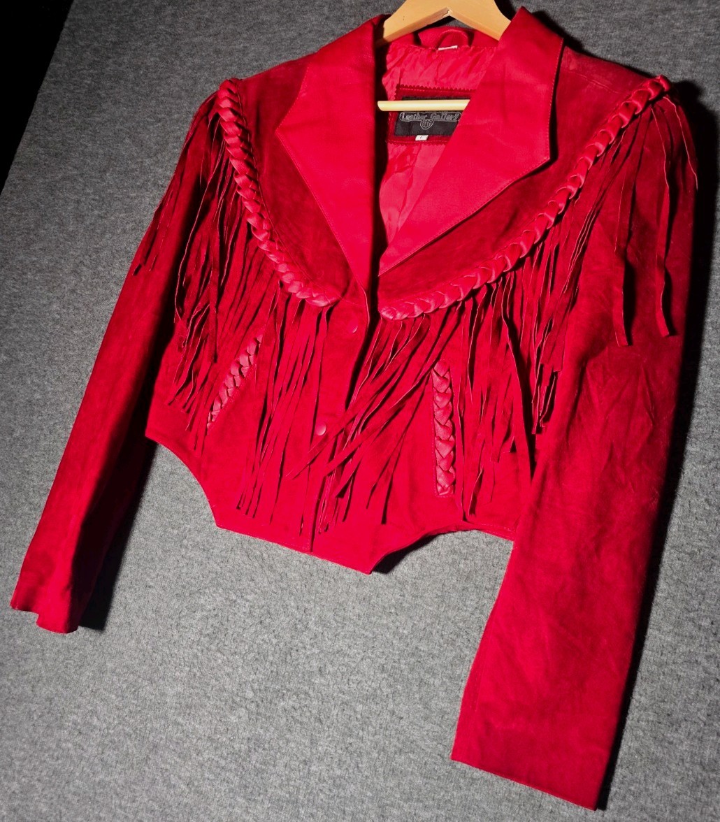 Leather Gallery Red Leather Fringe Jacket Womens L Western Cowgirl Rodeo Braided