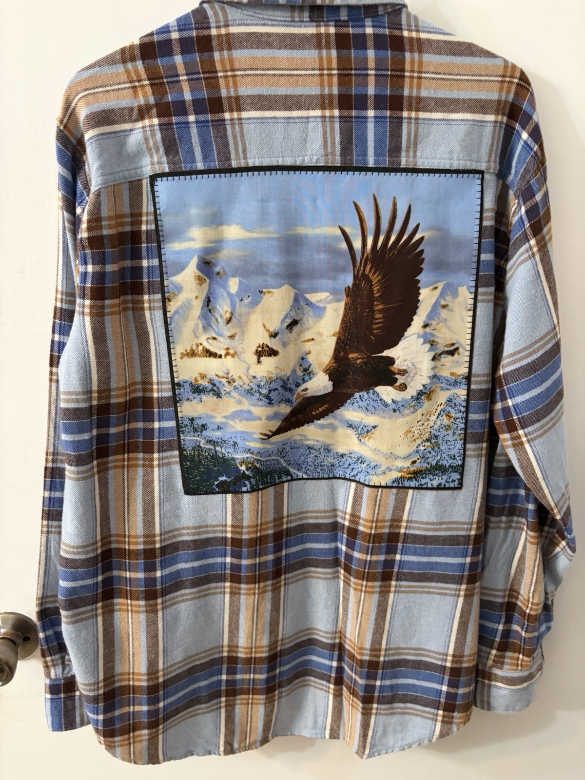 Upcycled Old Navy Boyfriend Shirt/Shacket M Tall Plaid Flannel shirt w/eagle