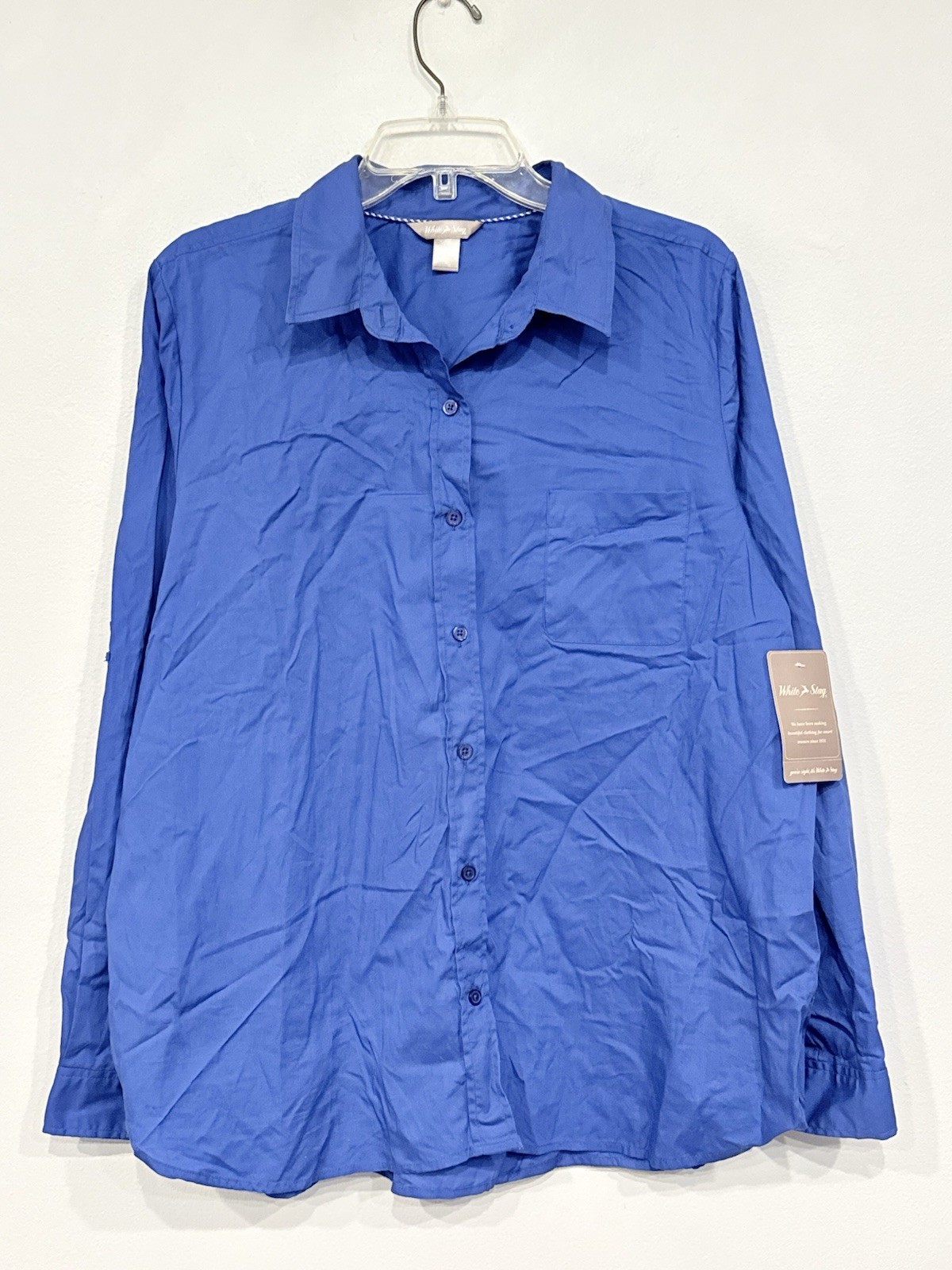 NEW White Stag Women’s Shirt Size XL Blue Button Up Roll Tab Sleeve Poplin Top