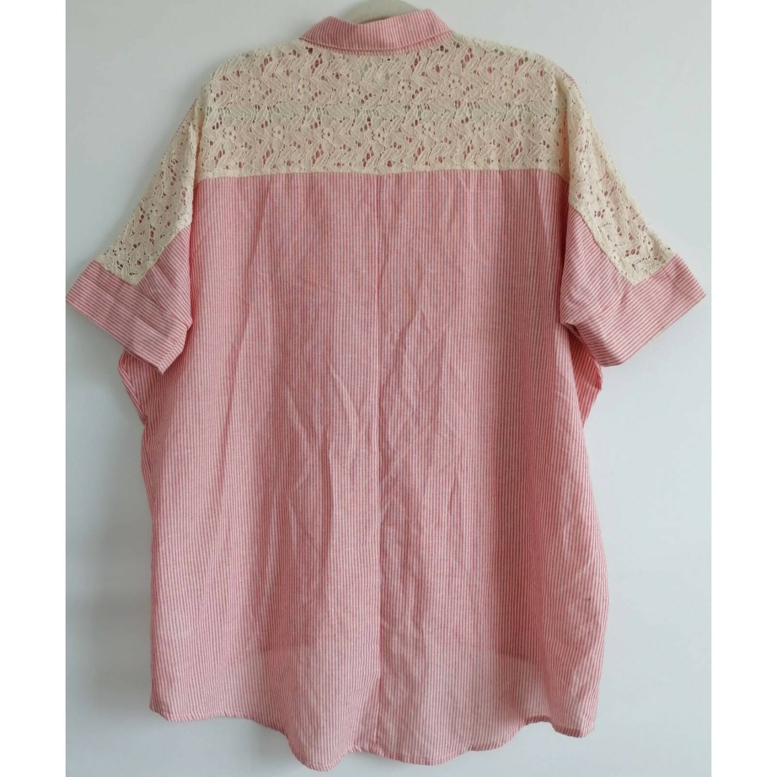 Umgee Womens Button Front Shirt Pink Striped Batwing Dolman Sleeve Pocket Lace M